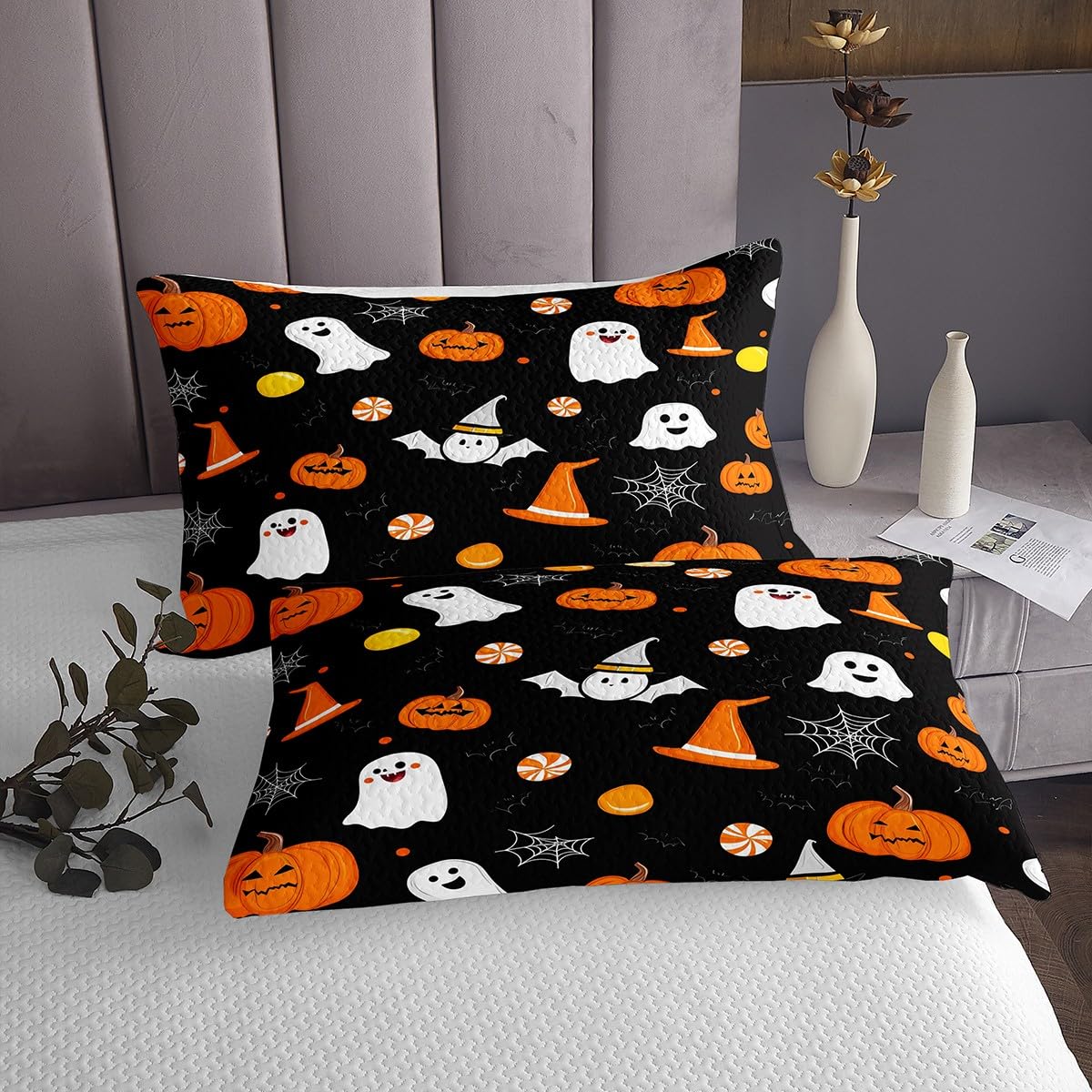 Feelyou Happy Halloween Bed Sheets Sets Twin Size Kids Boys Girls Cute Ghost Pumpkin Bedding Set Orange White Black Bed Sheet Set with 16-Inch Deep Pockets Cobweb 3Pcs with 1 Pillow Cases
