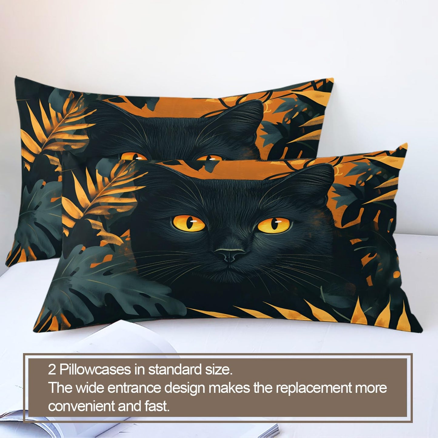 PAISUOQ Cat Print Bedding Sets Full Tropical Leaves Comforter Cover with Zipper Ties, Cartoon Animal Duvet Cover with 2 Pillowcases, 3 Pieces，Bedroom Decor & Gifts
