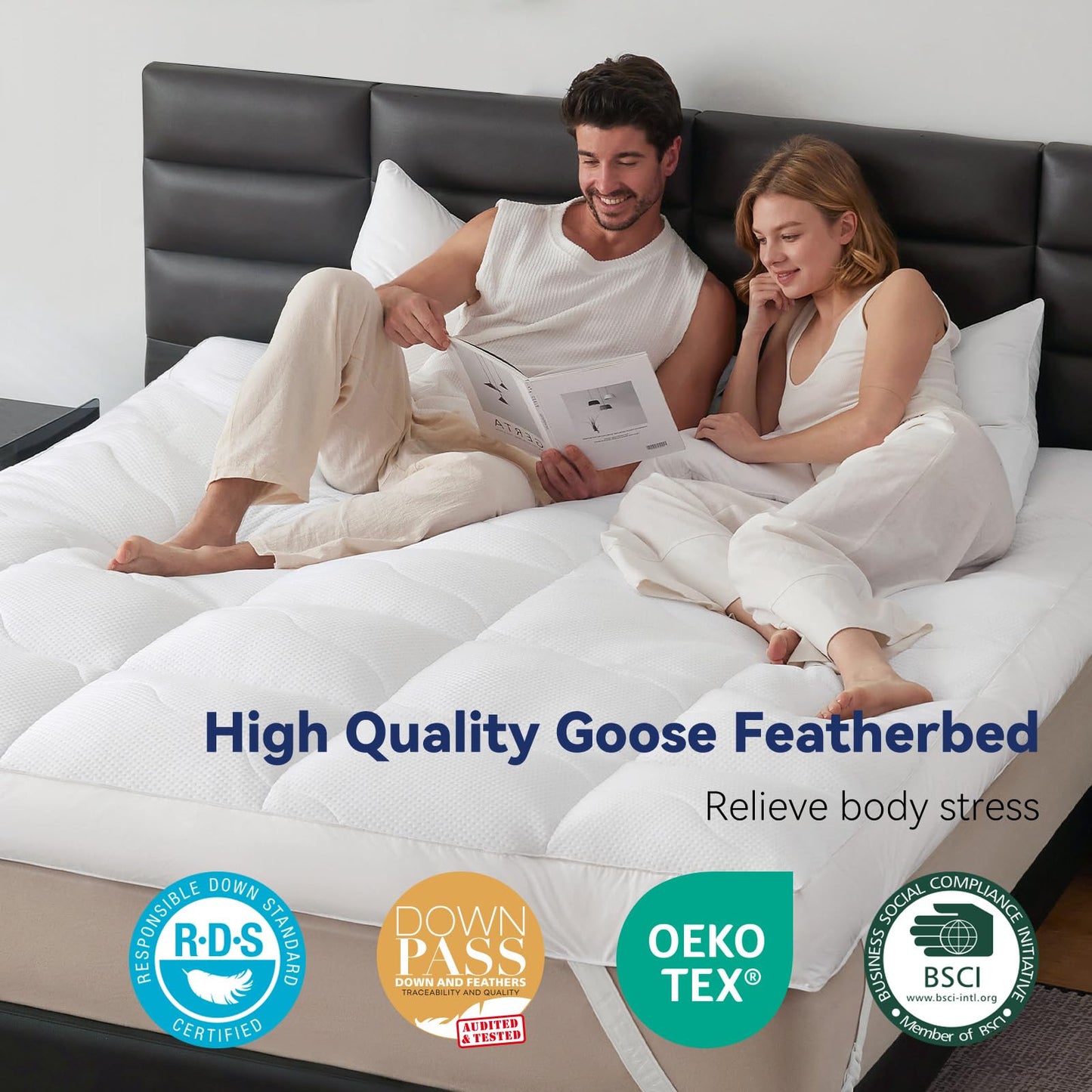 LeWinBedding Dual Layer 5 Inch Goose Feather Mattress Topper Full Size, 4 Inch Goose Feather Plus 1 Inch Down Alternative Pillow Top, Medium Firm Featherbed with Adjustable Straps(54"x75", Wavy)
