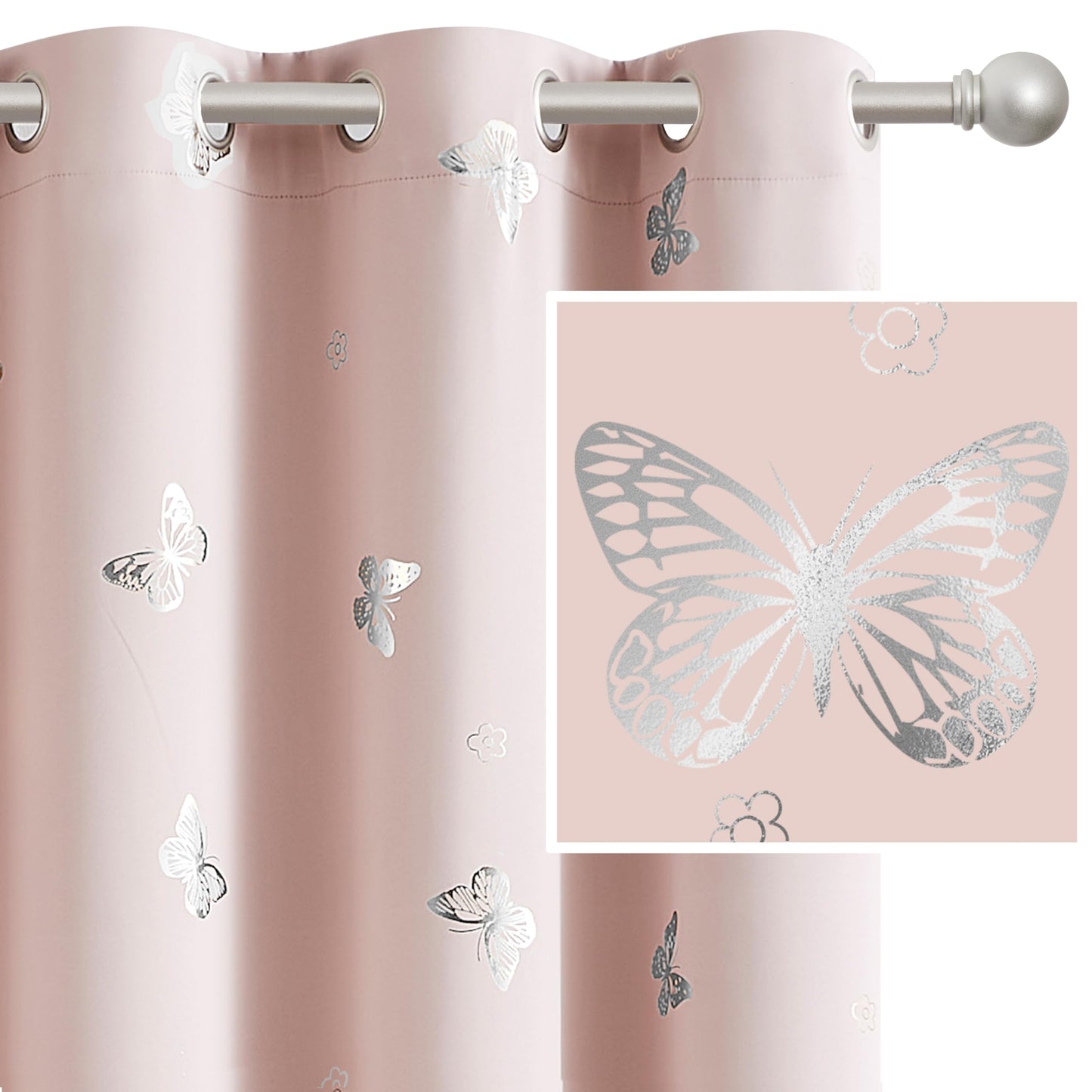 Jubilantex Pink Metallic Silver Butterfly Blackout Curtains 54" Long for Small Window Girls Bedroom Nursery Window Curtains,Grommet Top 2 Panels