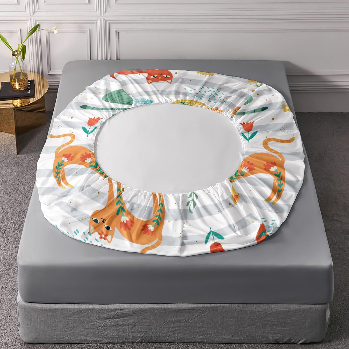 AILONEN Cat Bed Sheet Twin XL Size, Green Orange Flowers Cat Sheets 3 Pieces Set Grey White Printing Bedding Set for Kids Girls Bedroom Decor Breathable Fitted Sheet and 2 Pillowcases