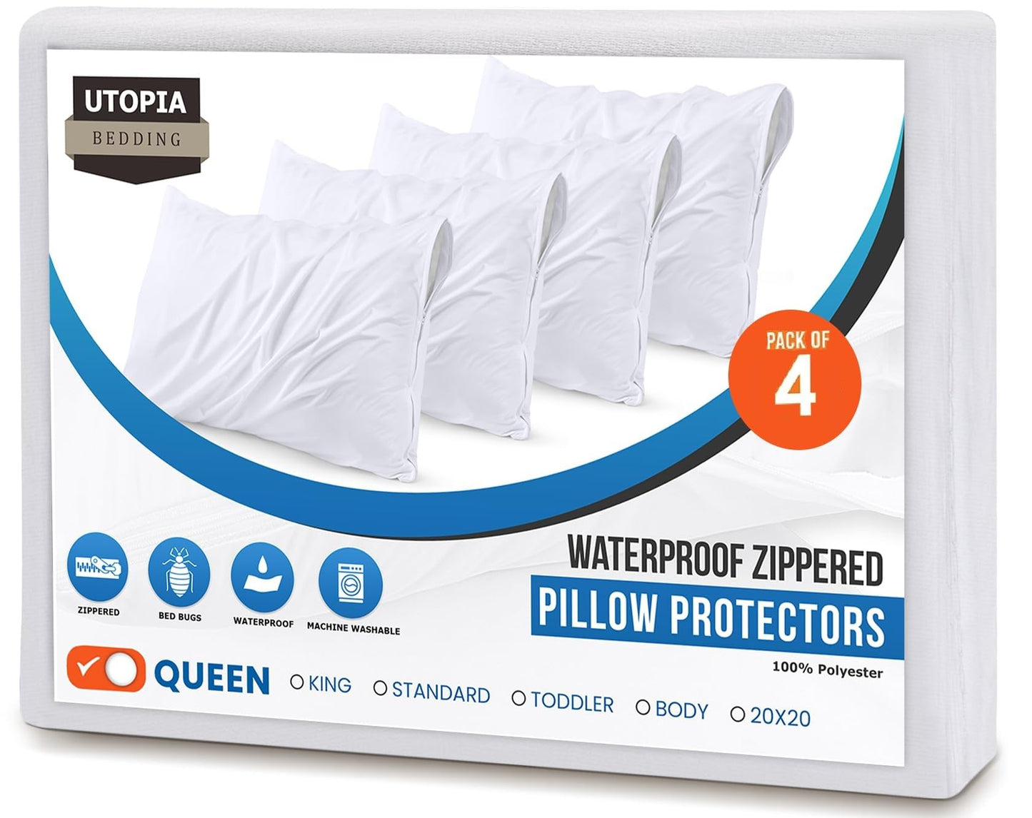 Set of 4 Pillow Protectors with Zipper Queen Size, Bed Bug and Dust Mite Proof Pillow Covers, Ultra Soft Pillow Encasements, Moisture Wicking and Waterproof Pillow Cases by Utopia Bedding (White)