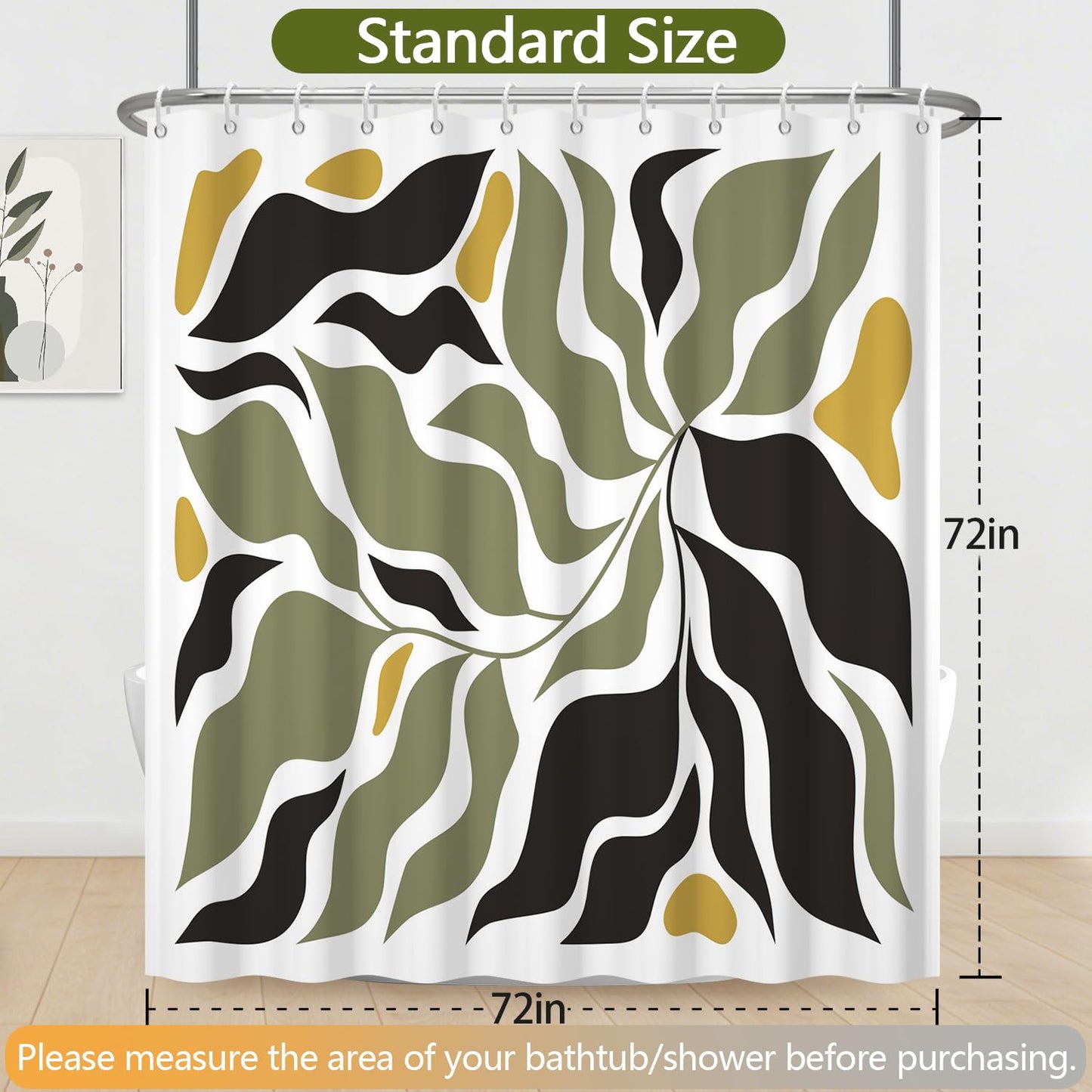 Olive Green and Black Abstract Leaf Shower Curtain, Modern Boho Plant Botanical Pattern Bathroom Curtains, Polyester Fabric Shower Curtain and Weighted Hem, Waterproof Washable with Hooks, 72x72 Inch