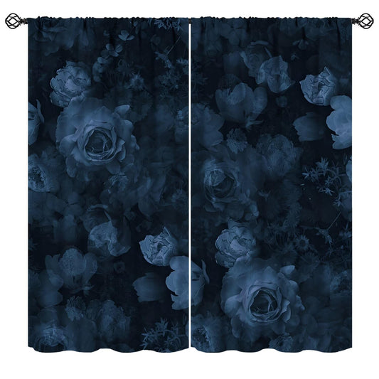 Nsbul Blue Floral Curtains, Moody Flower Rose Romantic Valentine Decor Rod Pocket Window Drapes for Girls Women Bedroom Living Room,42" W X 45" L (No Blackout)