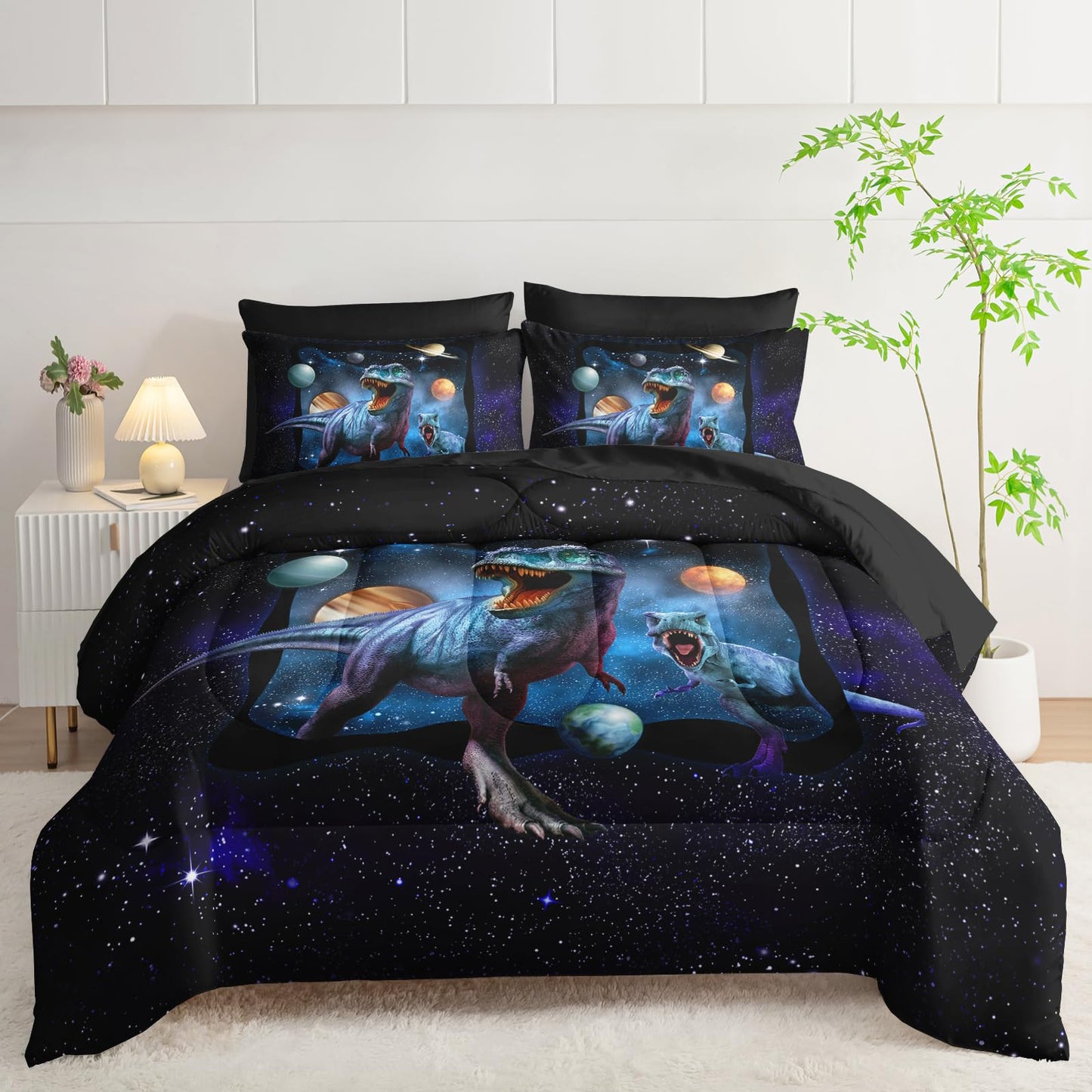 AILONEN Kids Dinosaur Comforter Set Twin Size,7Pcs Space Galaxy Bed in a Bag,Planet Dinosaur Bedding Print Boys Comforter & Fitted Sheet & Flat Sheet & 2 Pillowcases,2 Pillow Shams