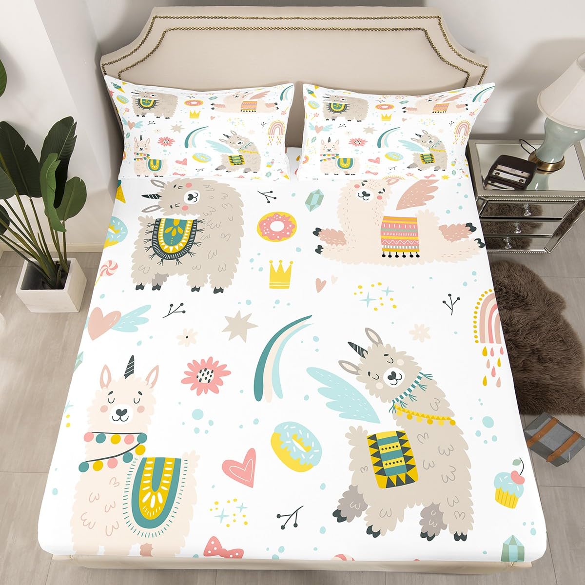 Feelyou Llama Alpaca Fitted Sheet Kids Cute Llama Donuts Bedding Set Cartoon Llama Alpaca Bed Sheet Set for Boys Girls 3D Animal Theme Bed Cover Children Sweet Dessert Room Decor Twin Size