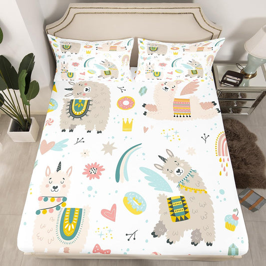 Feelyou Llama Alpaca Fitted Sheet Kids Cute Llama Donuts Bedding Set Cartoon Llama Alpaca Bed Sheet Set for Boys Girls 3D Animal Theme Bed Cover Children Sweet Dessert Room Decor Twin Size