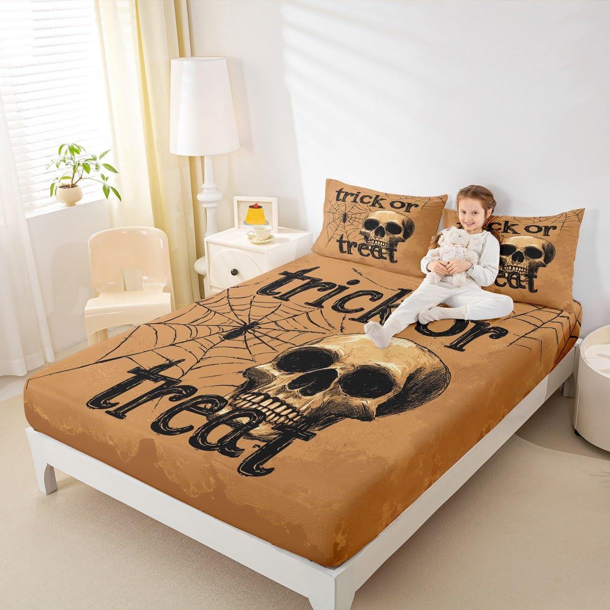 Feelyou Kids Halloween Bed Sheet Set Full Size, Trick or Treat Fitted Sheet Skull Decor Bedding Set Boys Girls Spider Web Teens Bedroom Decor Bed Set 3Pcs (No TOP Sheet)