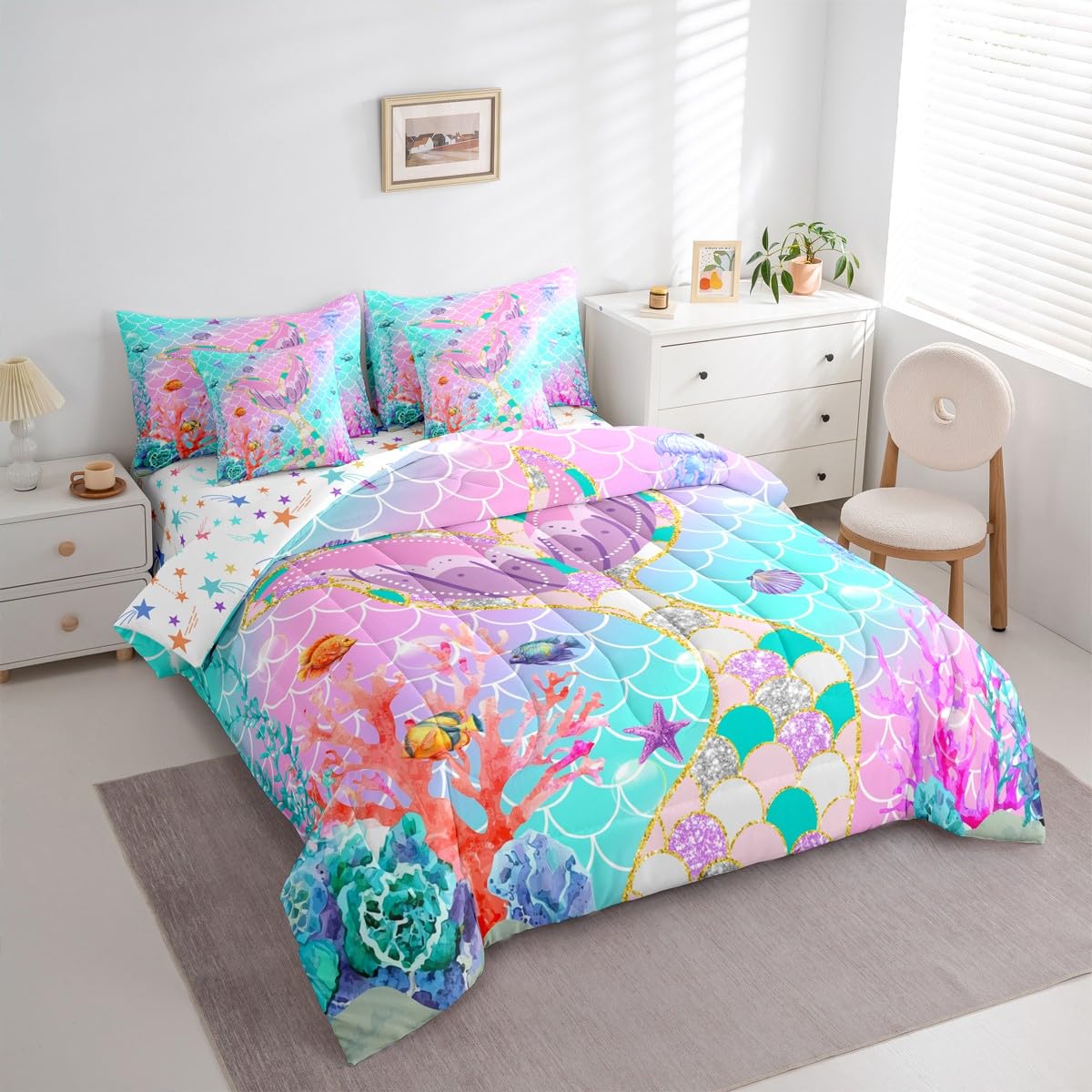 Mermaid Tail Bed in a Bag Queen Comforter Set 7-Piece | Fish Scales Girls Bedding Sets Girly Ombre Rainbow Comforter and Sheet Set,Teal Sequins Pastel Pink Paillette Ocean Life Sea Animal Room Decor