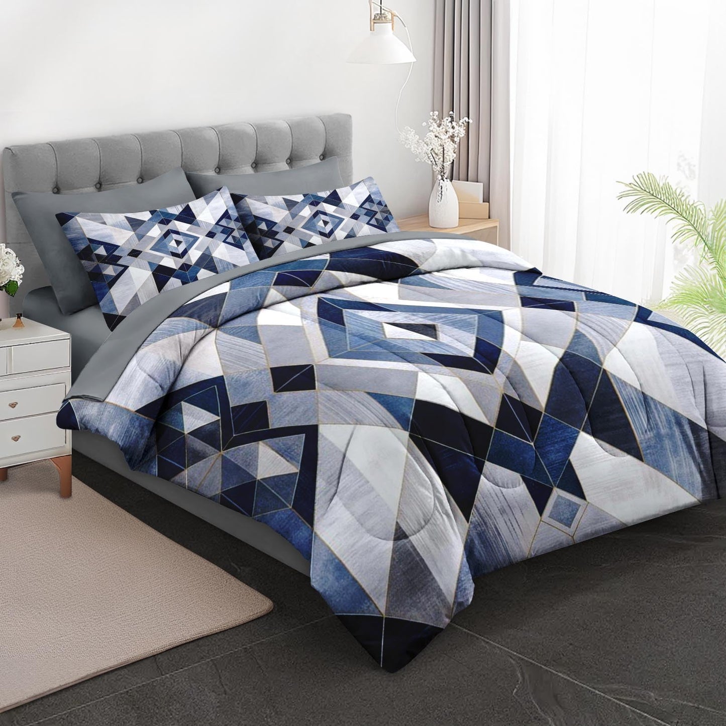 Boewywh Comforter Set Twin Size Geometric Abstract Modern 7 Pcs, Bedding for Kids and Adults, Blue Navy Bed Sheet Sets with Fitted Sheet 2 Pillowcases & 2 Shams for Bedroom Bed Decor