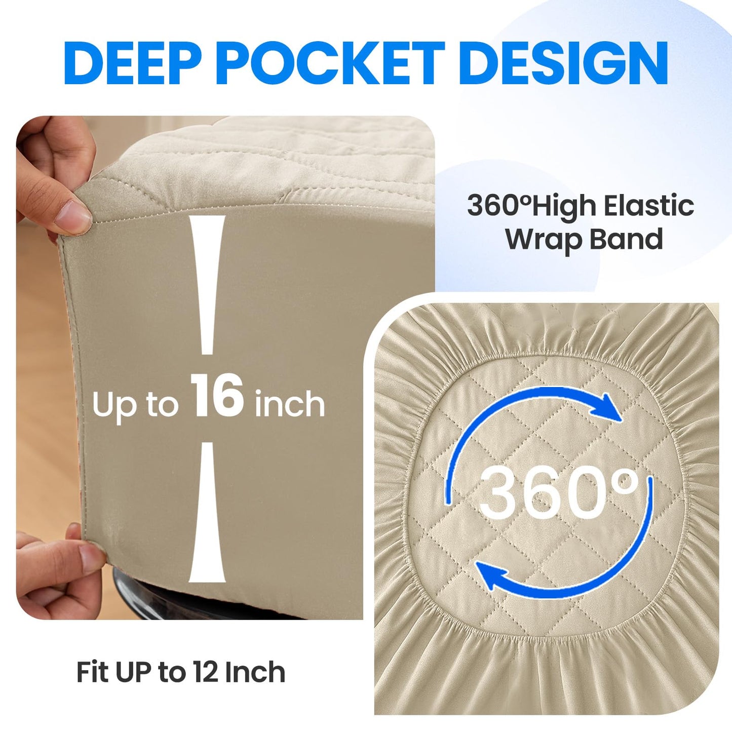 Waterproof Mattress Protector,Full Mattress Protector Fitted Up to 16" Deep Pocket, Soft Breathable Bed Mattress Cover for Bedroom,Doom Room Machine Washable,(Khaki)