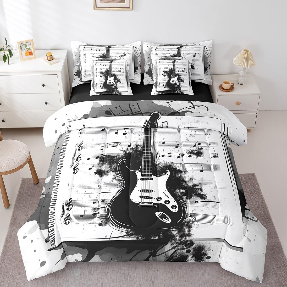 Feelyou Music 7 Pieces Bedding Set Queen Size Guitar Comforter Set with Sheets for Kids Boys Girls Rock Music Bed in a Bag Guitar Instruments Bed Set