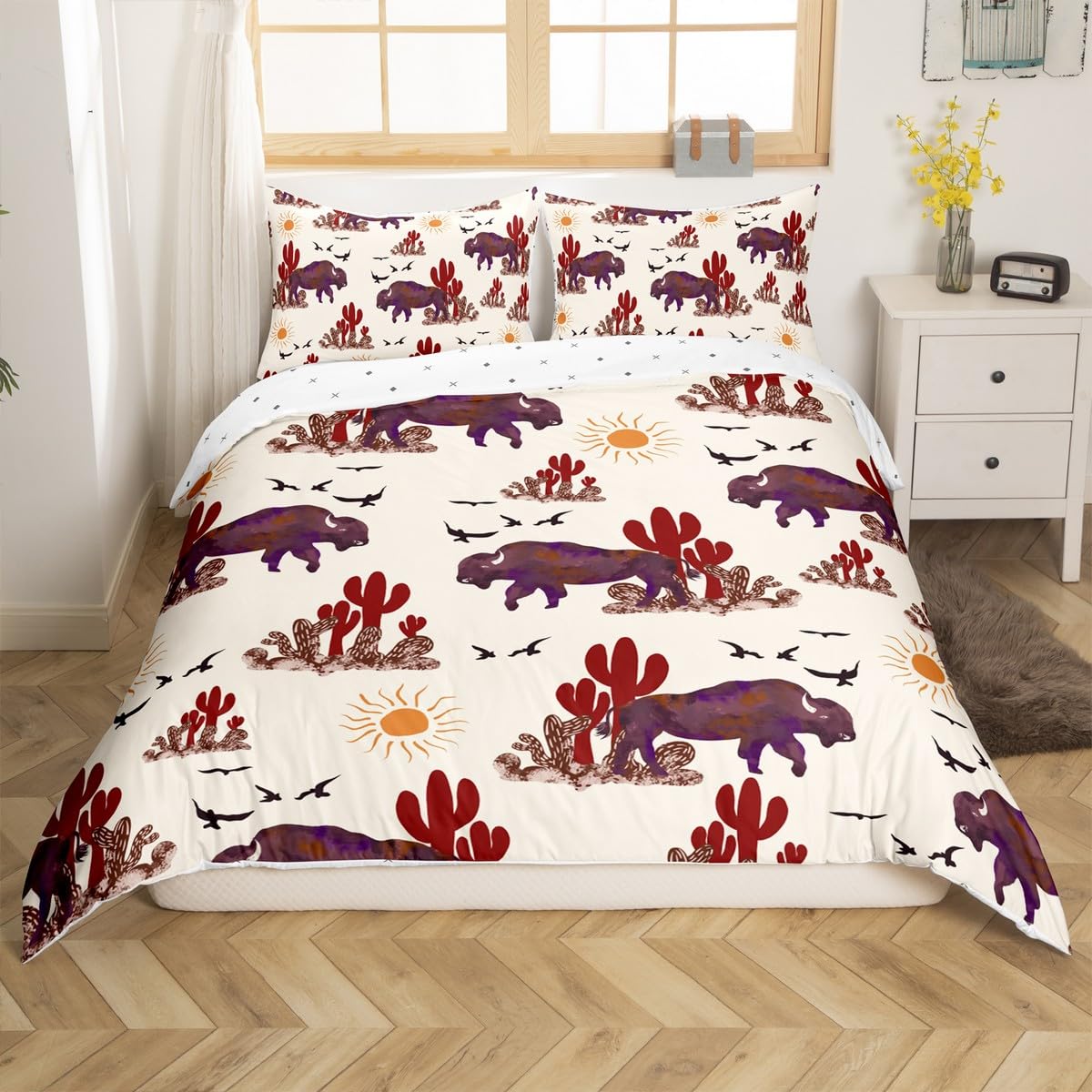 Feelyou Buffalo Ranch North American Bisons Duvet Cover Set Full Size Western Bedding Sets Rustic Country Cabin Southwestern Animal Comforter Cover Set Kids Boys Brown Cream Farmhouse Quilt Cover