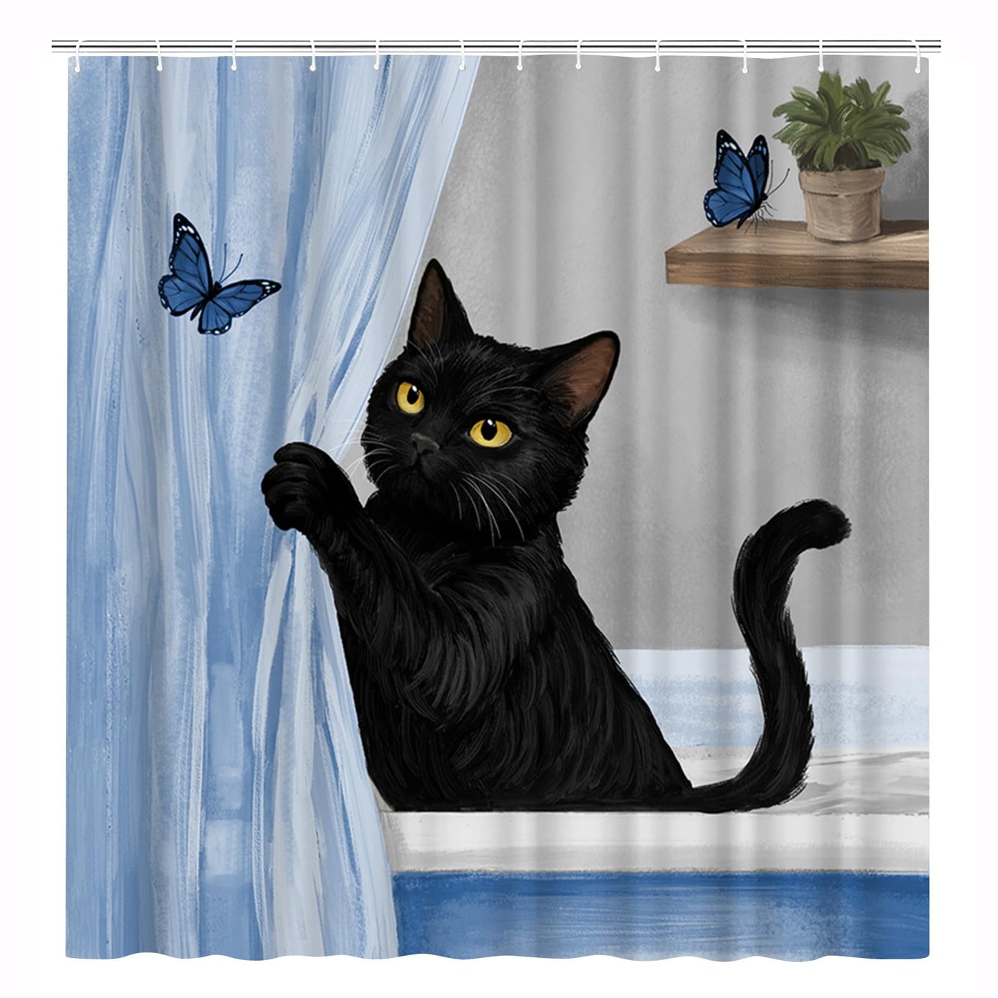 Conipit Cat Shower Curtain Cat with Butterflies Bathroom Curtain, Polyester, 72x72 Inches, Waterproof Bathroom Decor (Blue)