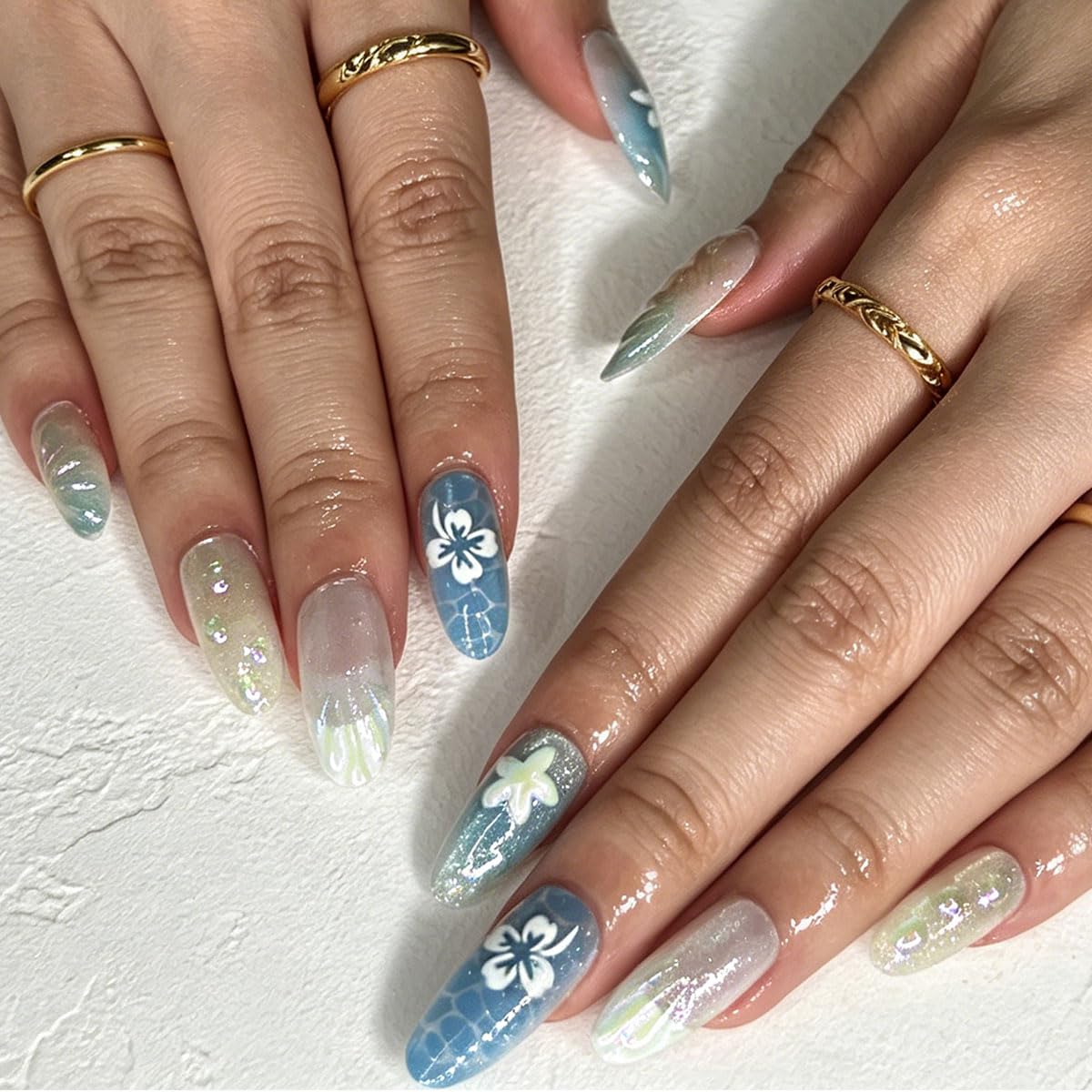 3D Press On Nails Almond Medium Light Blue Fake Nails with French Cat's Eye Embossed Flower&Lines Summer Designs, Acrylic Artificial Nail Press ons False Stick On Nails for Women Girls 30Pcs