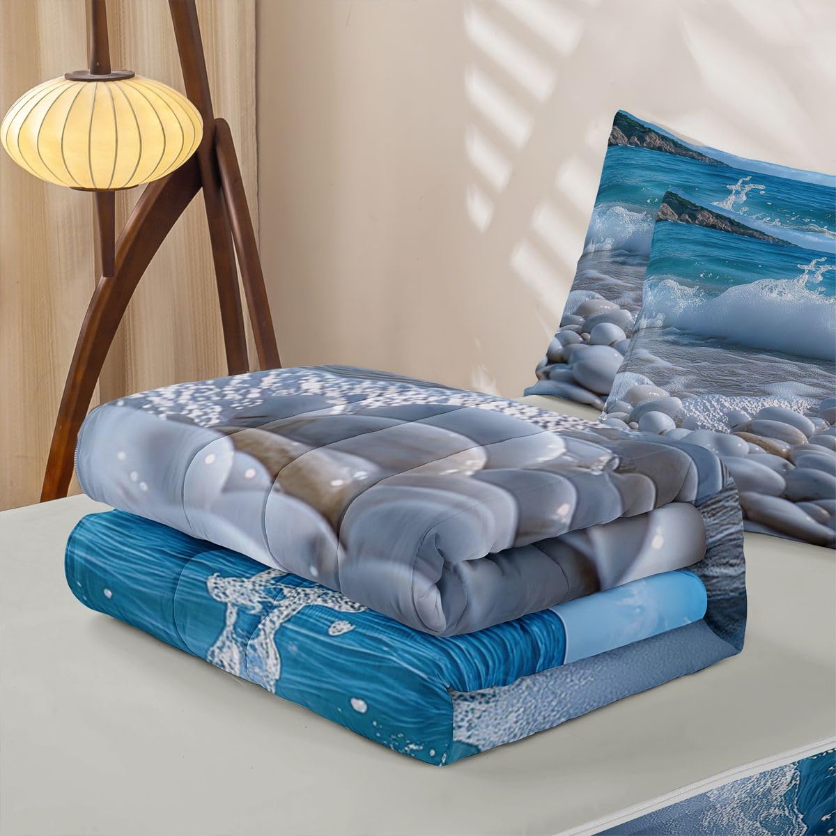 Erosebridal Pebble Zipper Comforter Set Twin Beach Cobble Print Bedding Set 3D Stone Gravel Bed in a Bag Hawaii Beach Zippered Quilt Fitted Sheet,2 Pillowcases