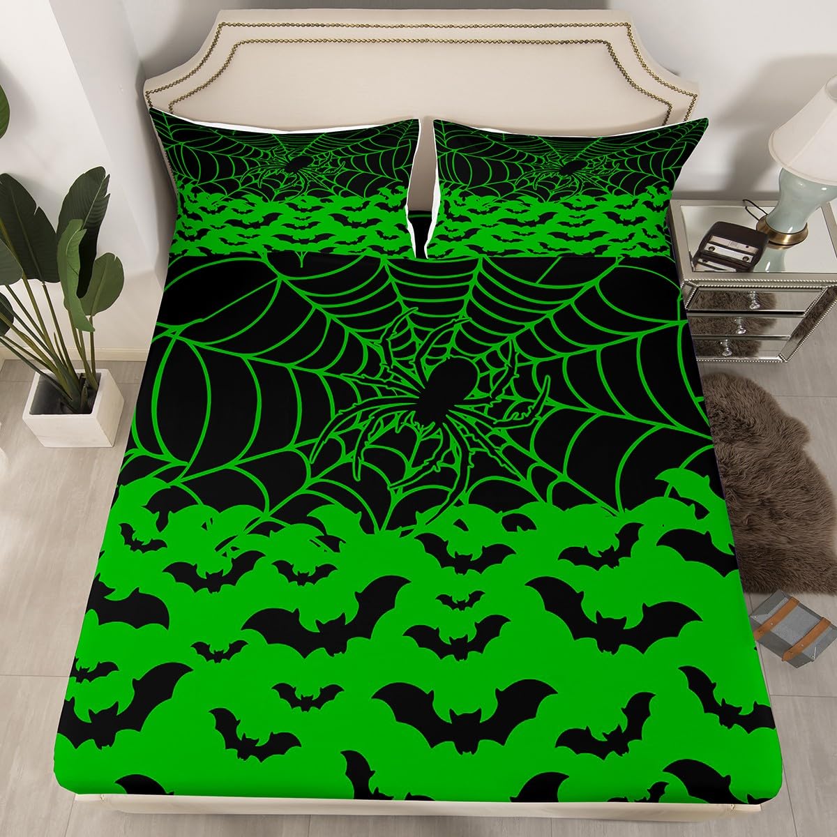 Feelyou Bat Halloween Sheets Set Cute Green Halloween Themed Twin Size Bedding Set Decoration for Kids Boys Girls Spider Web Fitted Sheet Cute Bed Sheet Set Collection