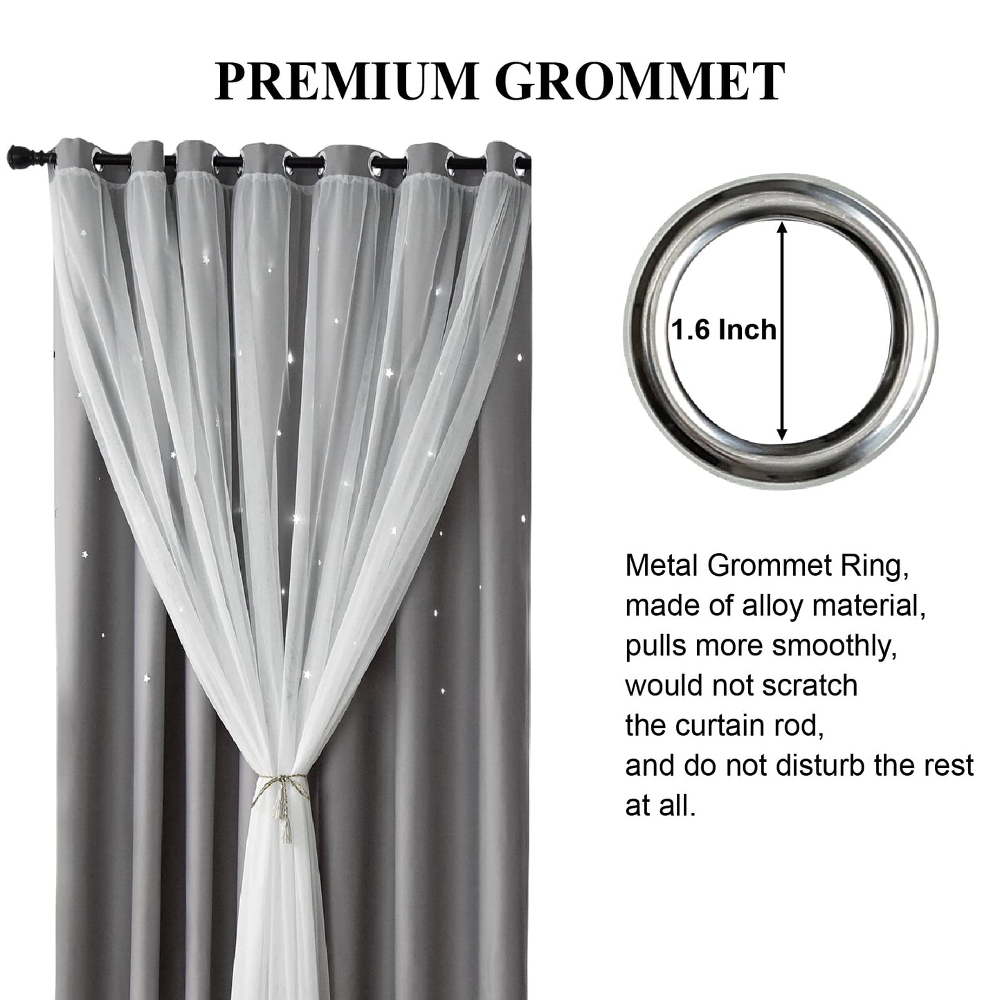 Loyala Star Blackout Curtains for Bedroom - Double Layer, Kids, Cute - 63 Inch Long, 1 Panel, Grey
