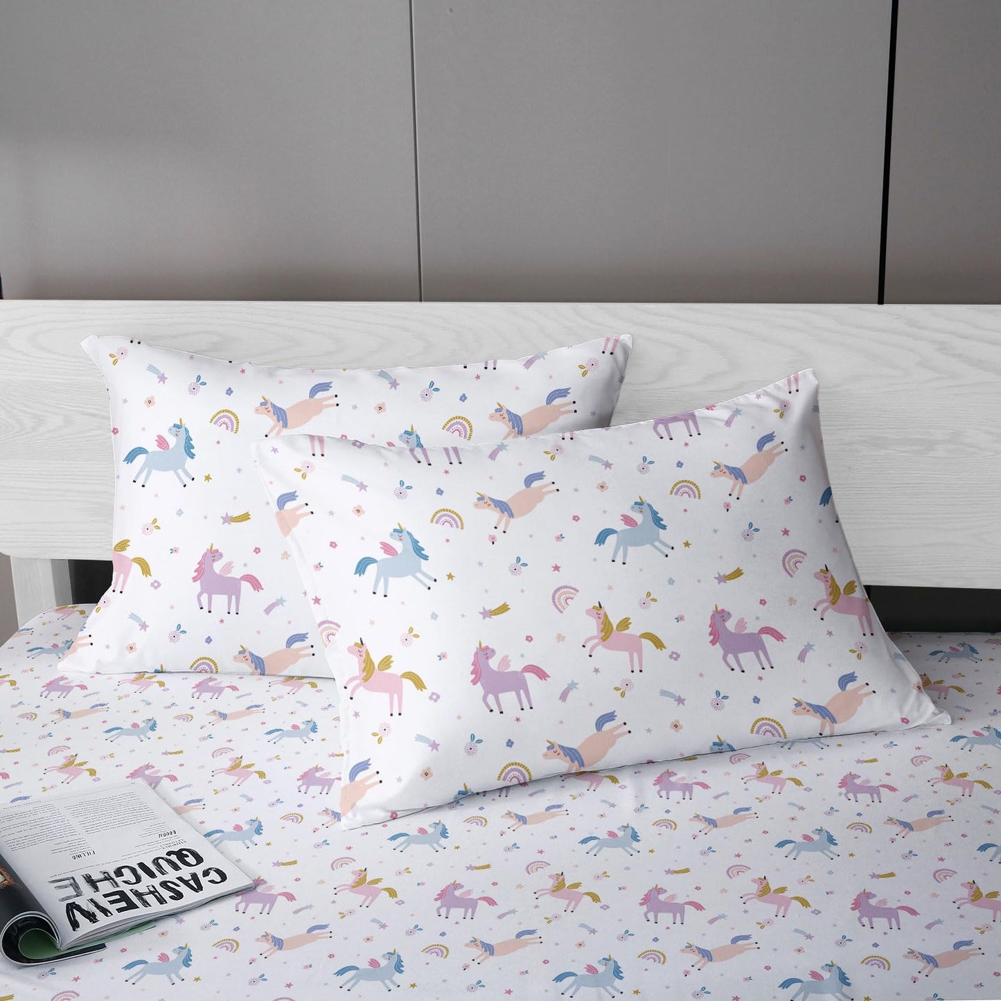 MUSOLEI Unicorn Fitted Sheet Set Full Unicorn Bedding Girls Rainbow Star Sheet Pink Flower Bedding Set Unicorns Girl Bed Sheets 1 Fitted Sheet with 2 Pillowcases Multi-Colour Full
