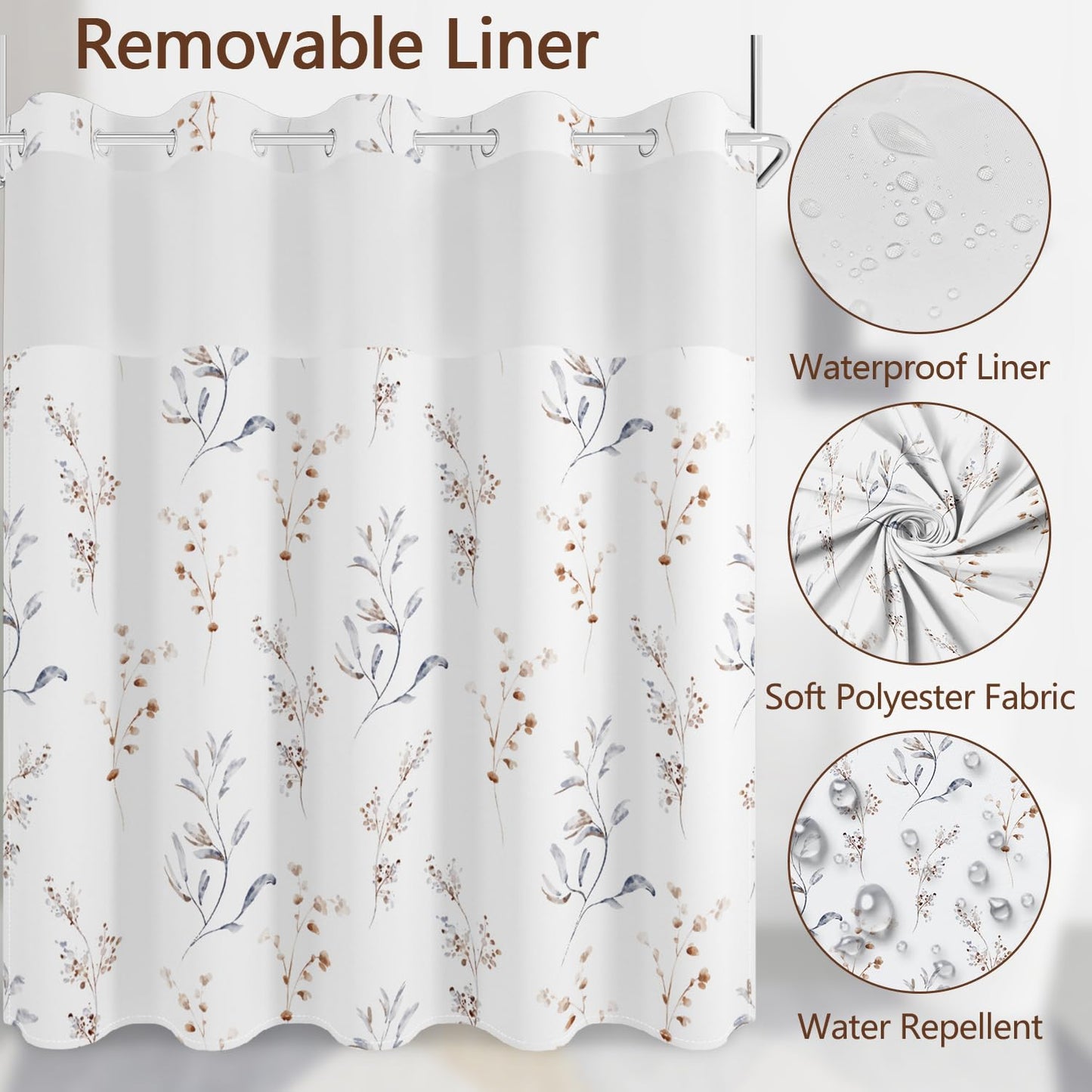 No Hook Shower Curtain with Snap in Fabric Liner Set, Waterproof & Washable, Boho Beige Floral Shower Curtains for Bathroom, Elegant Neutral Modern Hotel Botanical Flower Bathroom Curtain, 71x74 inch