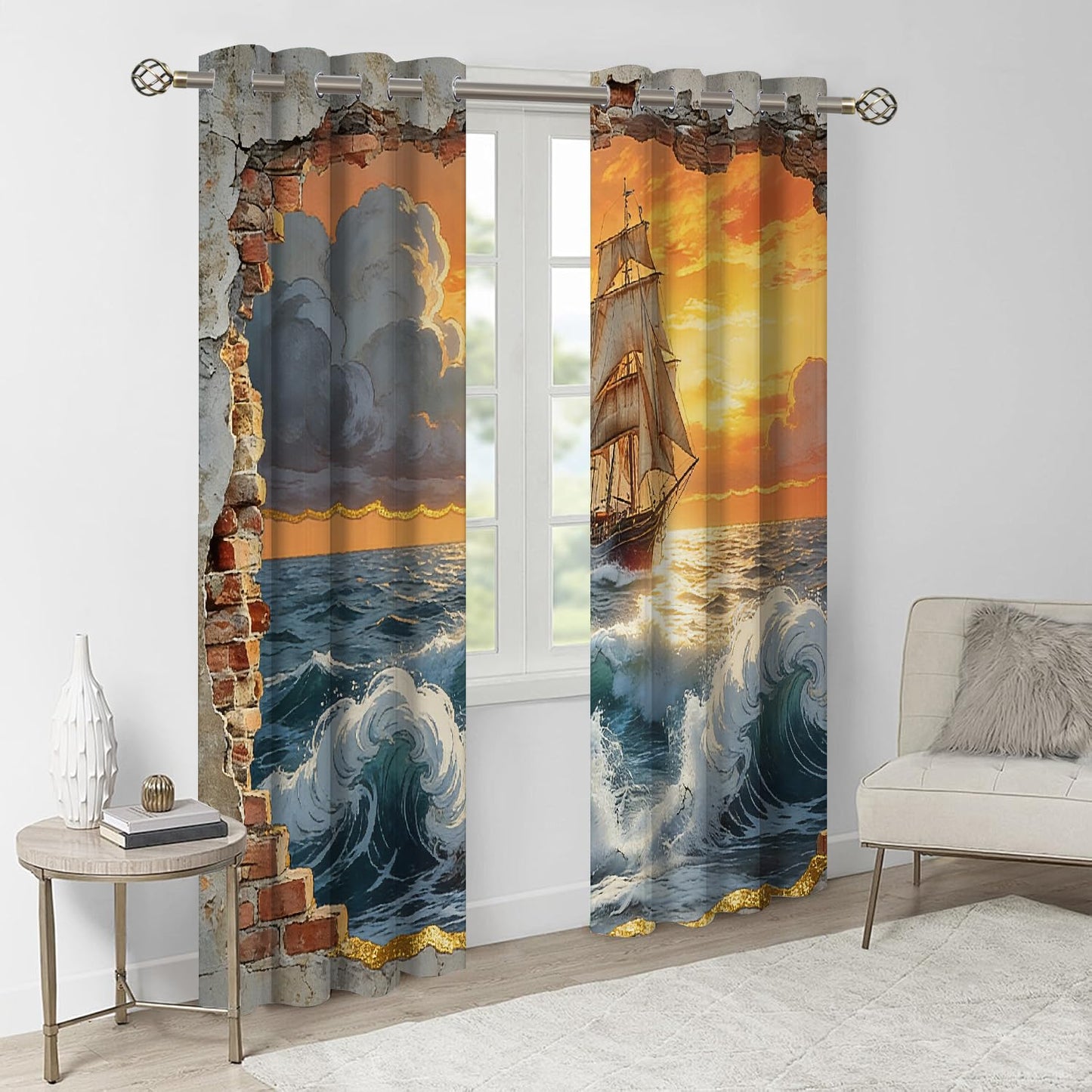 Ocean Sailing Ship Blackout Curtains, Sunset Sky Clouds 3D Print Drapes, Darkening Curtains with Top Grommet 2 Panel Drapes for Sliding Glass Door Bedroom Living Room(104" W x 63 "L)