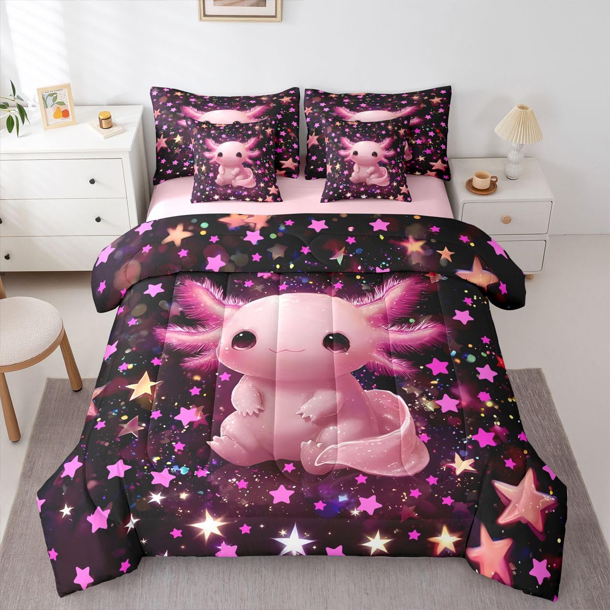 Erosebridal Kids Pink Axolotl Twin Size Bedding Set Girls Pink and Black Starry Sky 7 Pieces Comforter Set with Sheets Teens Cute Axolotl Bed in a Bag Girly Stars Reptile Animal Bed Sets