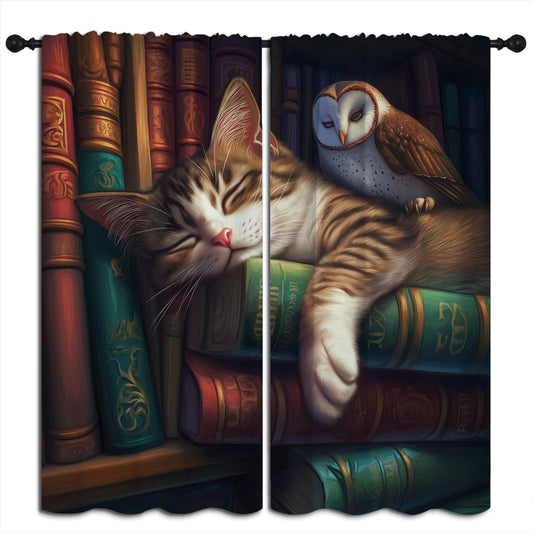 LHROOMJK Bookshelf Blackout Curtains for Boys Girl Bedroom Home Decor,Library Bookcase Book Cartoon Sleeping Cat and Owl Thermal Insulated Rod Pocket Darkening Living Room Window Drapes, 42 x 63 inch