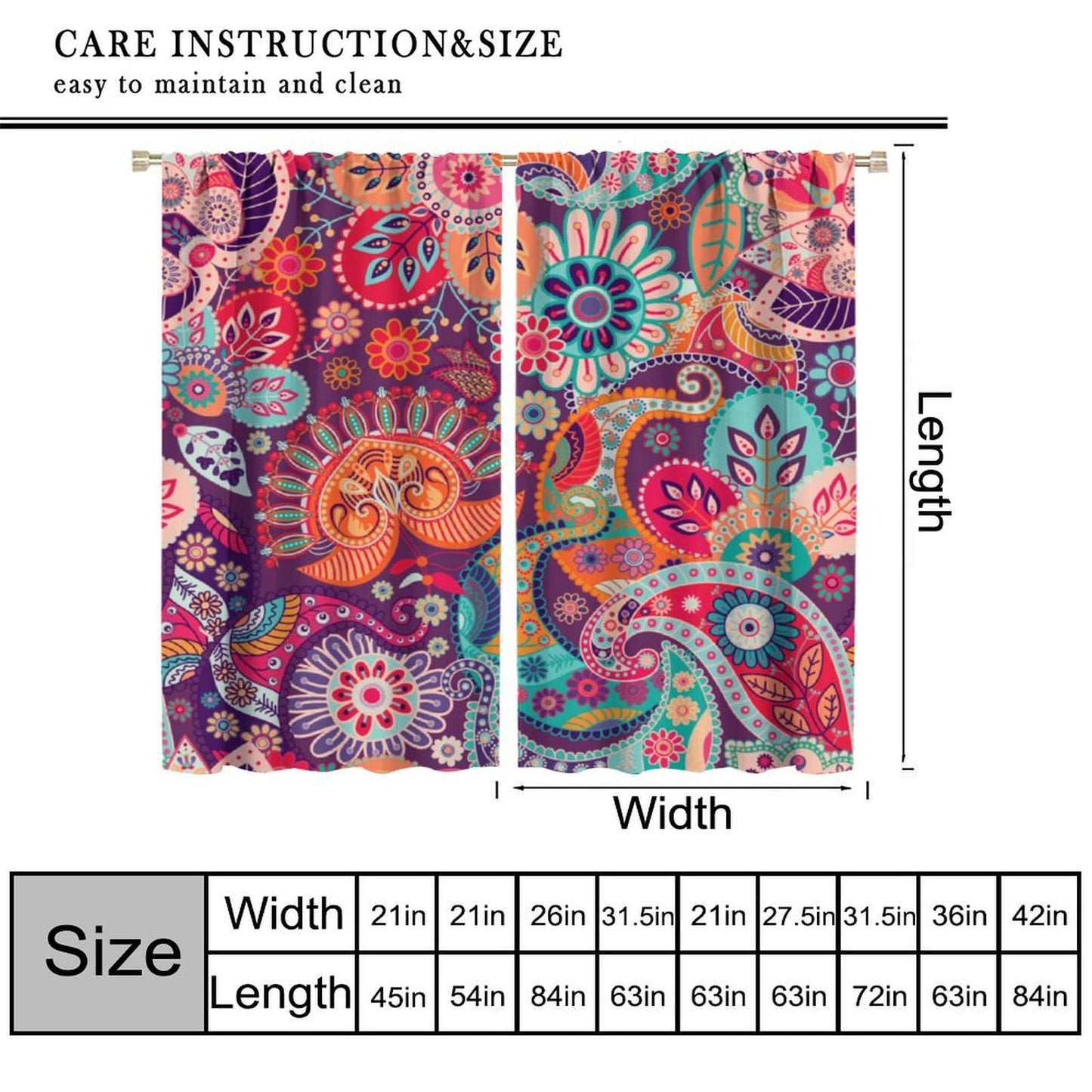 Djaby Boho Paisley Floral Curtains, Mandala Indian Bohemian Colorful Flowers Print Window Curtain for Bedroom Living Room Home 42" W X 45" L(No Blackout)