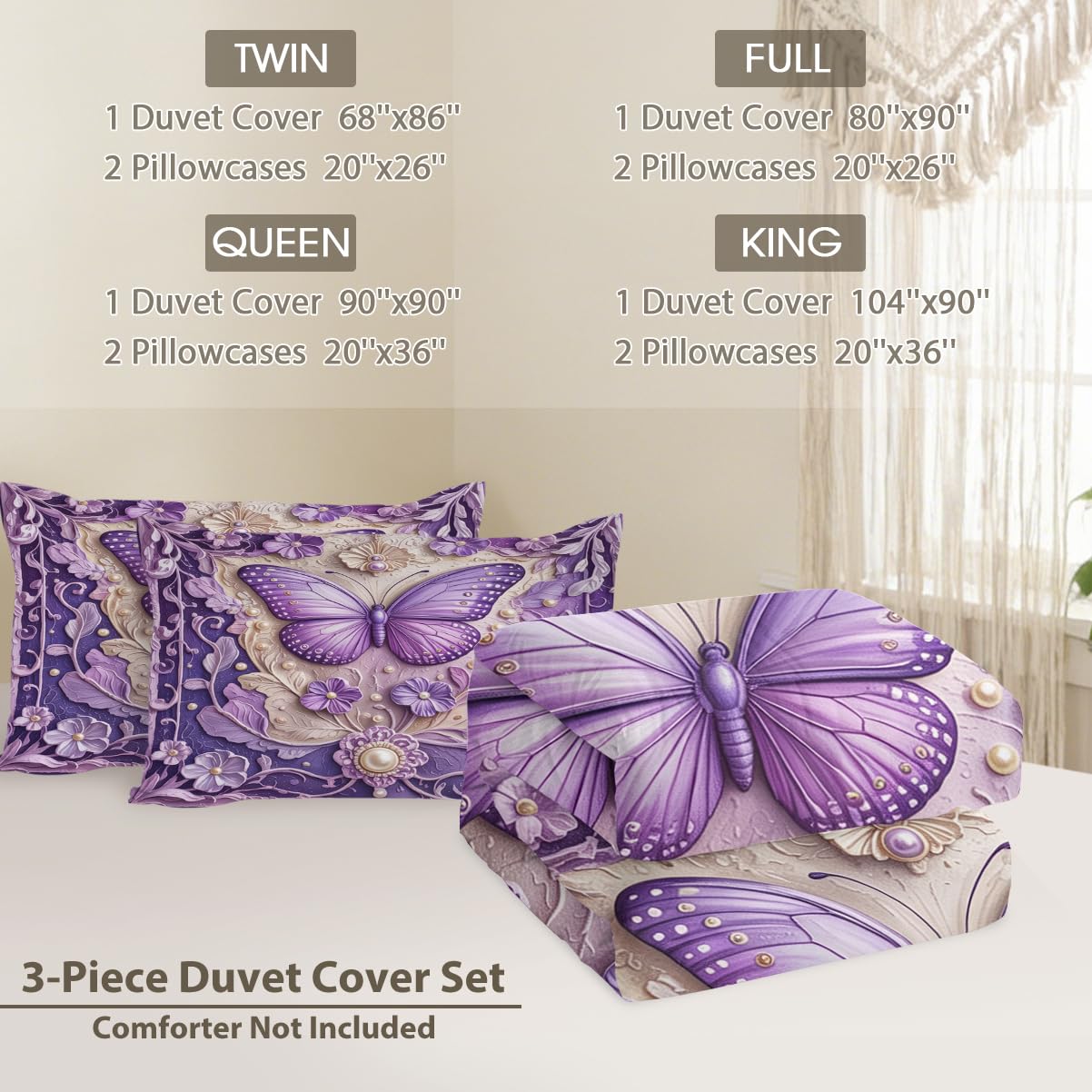MILANKET Purple Butterfly Duvet Cover Set, Ornate Fantasy Floral Bedding with Lavender Gradient, Soft Microfiber Zipper Closure and Corner Ties for Romantic Bedroom Decor, 3 Piece Twin