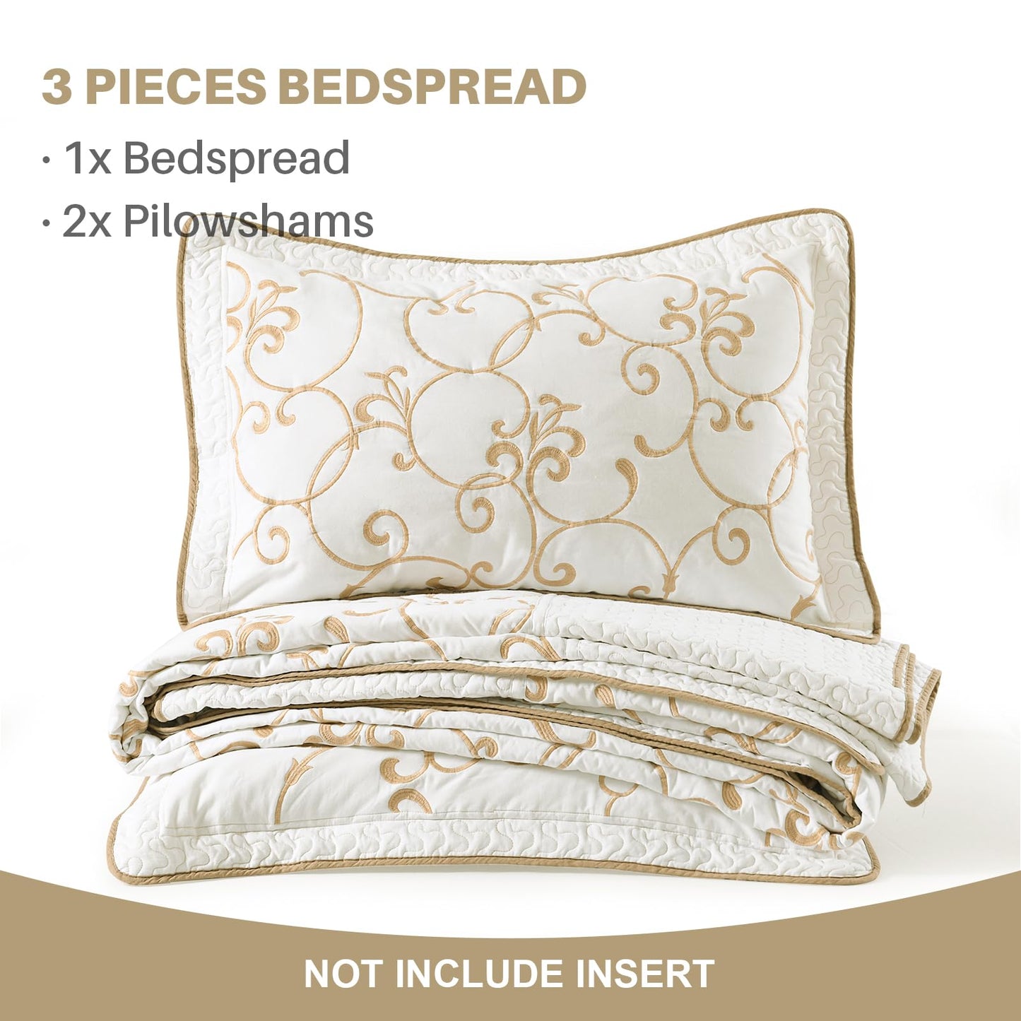 FineStichery 100% Cotton Oversized Bedspread Quilt Coverlet Set, 120"x120" Extra Large King Bedspreads with Pillow Shams, Lightweight Embroidered Bedding Cover 3 Piece, Beige/White