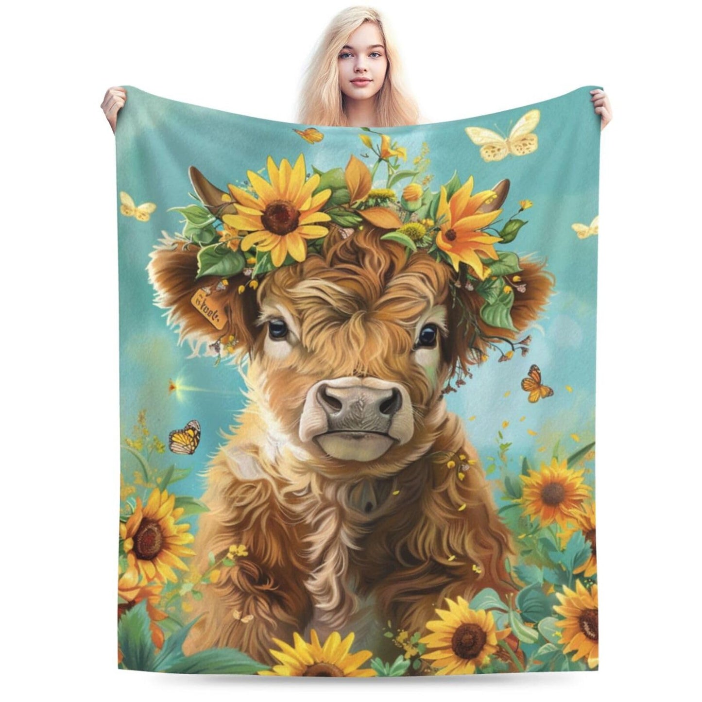 Qycazzw Highland Cow Blanket Gifts for Women Girls Kids, Sunflower Farm Animal Throw Blankets, Soft Cozy Flannel Throws for Sofa Couch Bedroom Decor 50x60in