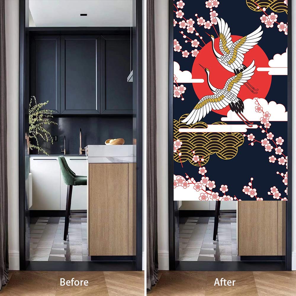 Ofat Home Crane & Sakura Noren Curtain 33.5" x 59" Japanese Style
