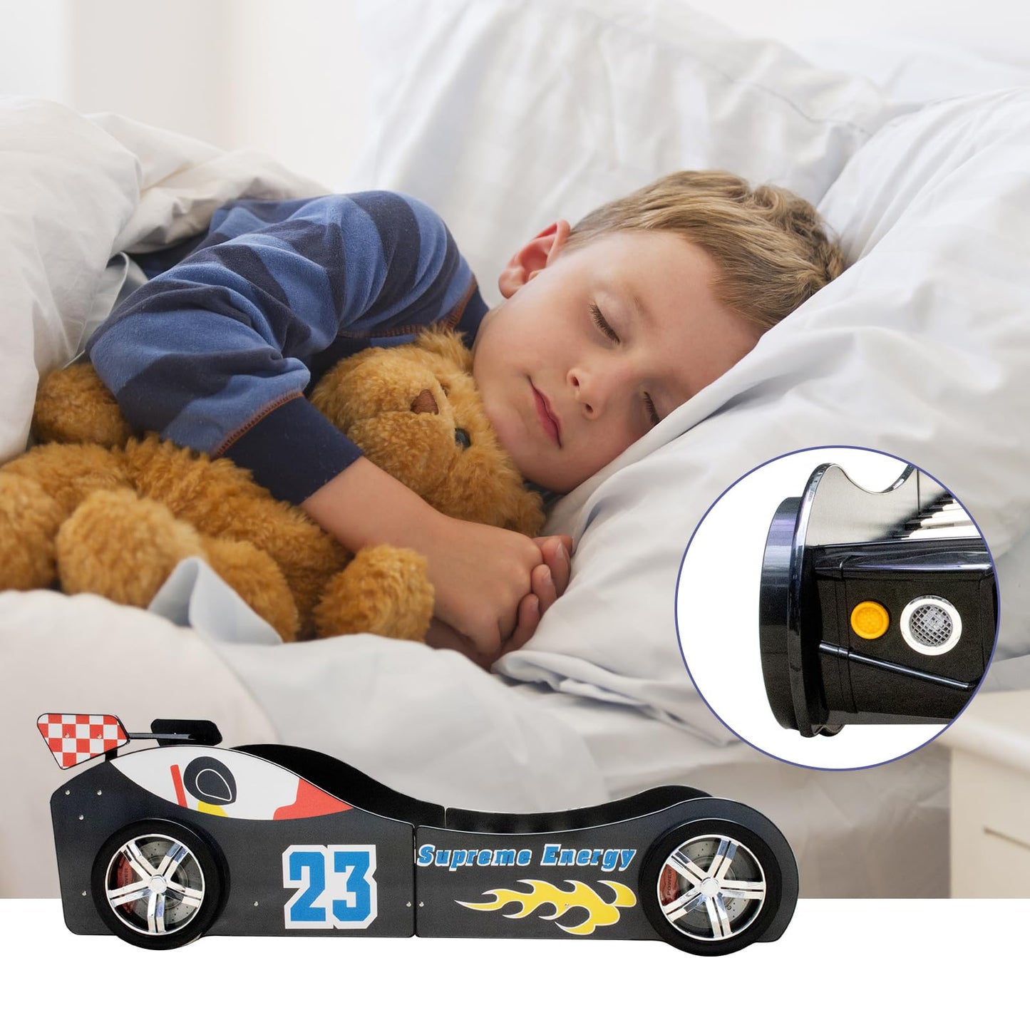 LKTART Car Bed Twin Size for Kids, Race Car Shaped Wooden Platform Bed Frame with Headboard Wheels and Support Slats for Boys Toddlers Child's Bedroom (Black)