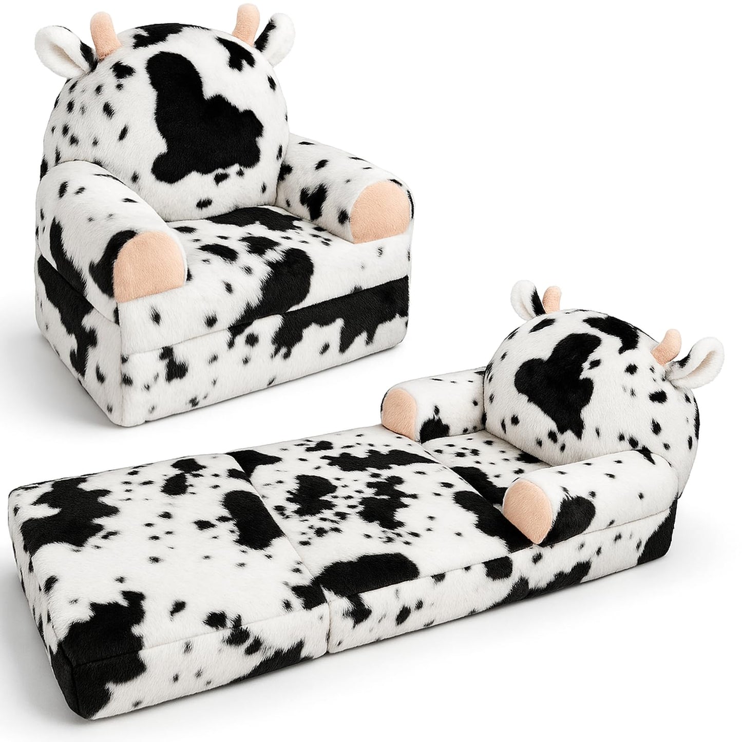 QIUODO Toddler Chair with Faux Rabbit Fur – 2-in-1 Foldable Kids Couch, Soft Sofa for Reading, Bedroom or Playroom Use, Ages 1-3（Cow）