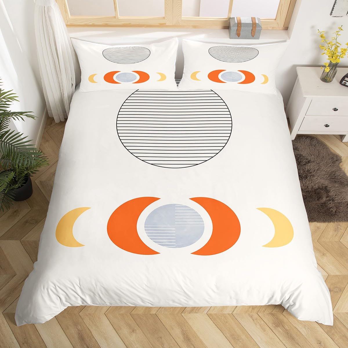 Erosebridal Mid Century Comforter Cover Abstract Moon Bed Set, Striped Duvet Cover Queen Size White Aesthetic Bedding Sets, Retro Minimalism Bedspread Cover Modern Art Bedroom Decor Ultra Soft 3pcs