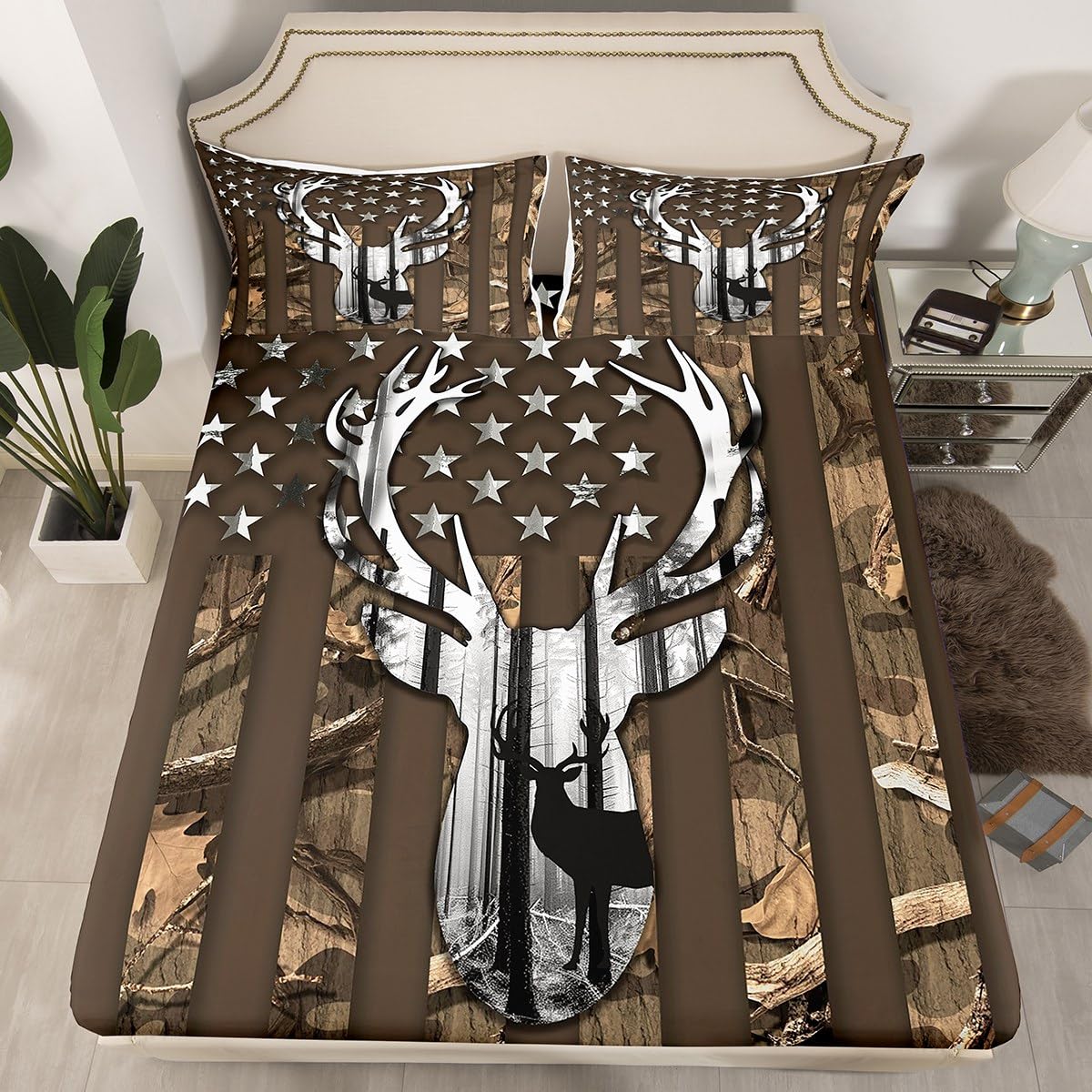 Camouflage USA Flag Fitted Sheet Set Full Size 4pcs,Brown Camo and Deer Antlers Trees Silhouette Bedding Set(1 Fitted,1 Flat,2 Pillowcases),American Flag Luxury Deep Pocket Bed Sheets for Girls Teen