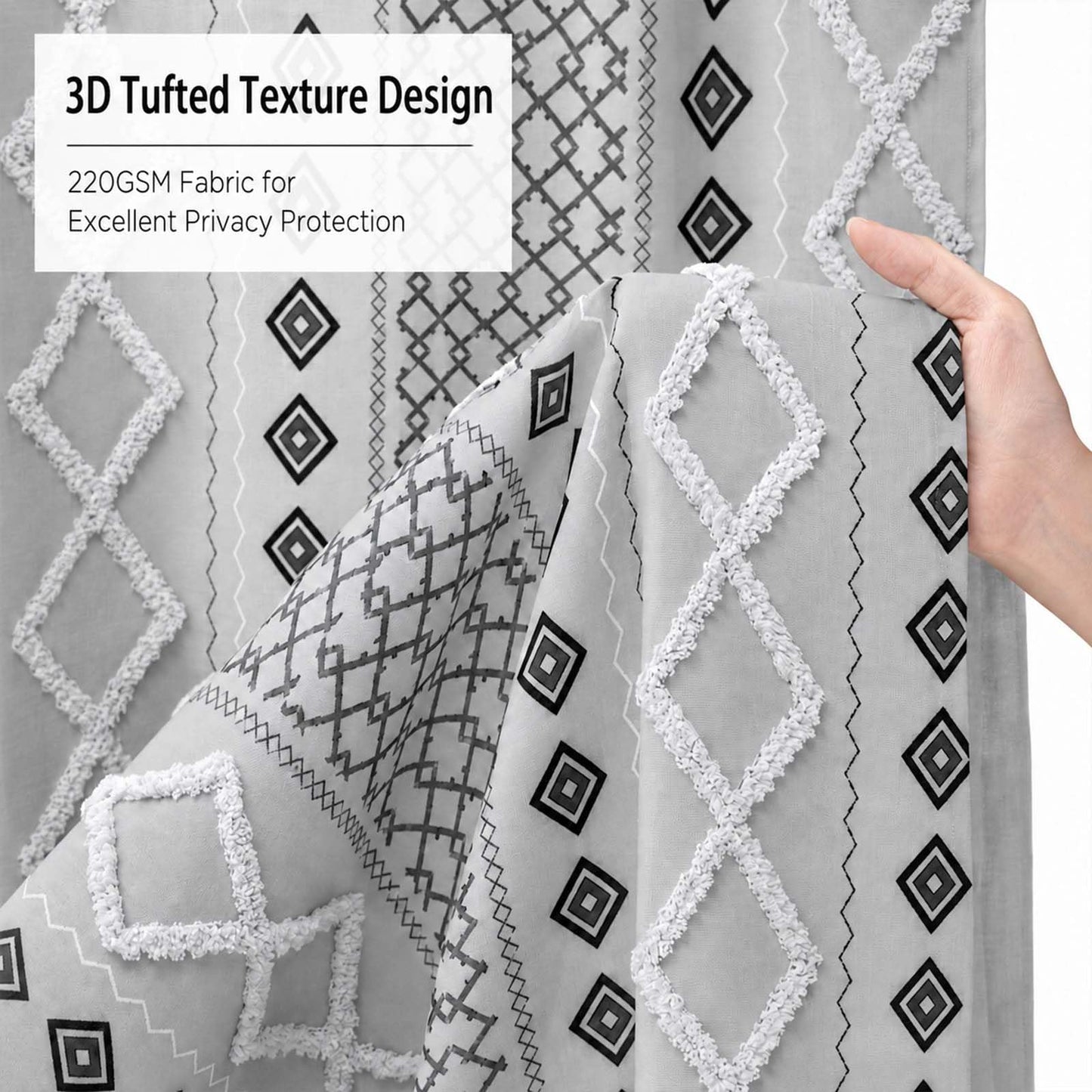 Accnicc Boho Fabric Shower Curtain with Metal Hooks, 3D Tufted Striped Modern Farmhouse Grey White Cloth Shower Curtains for Bathroom, Minimalist Geometric Textured Bath Curtain Decor 72 x 72 Inch