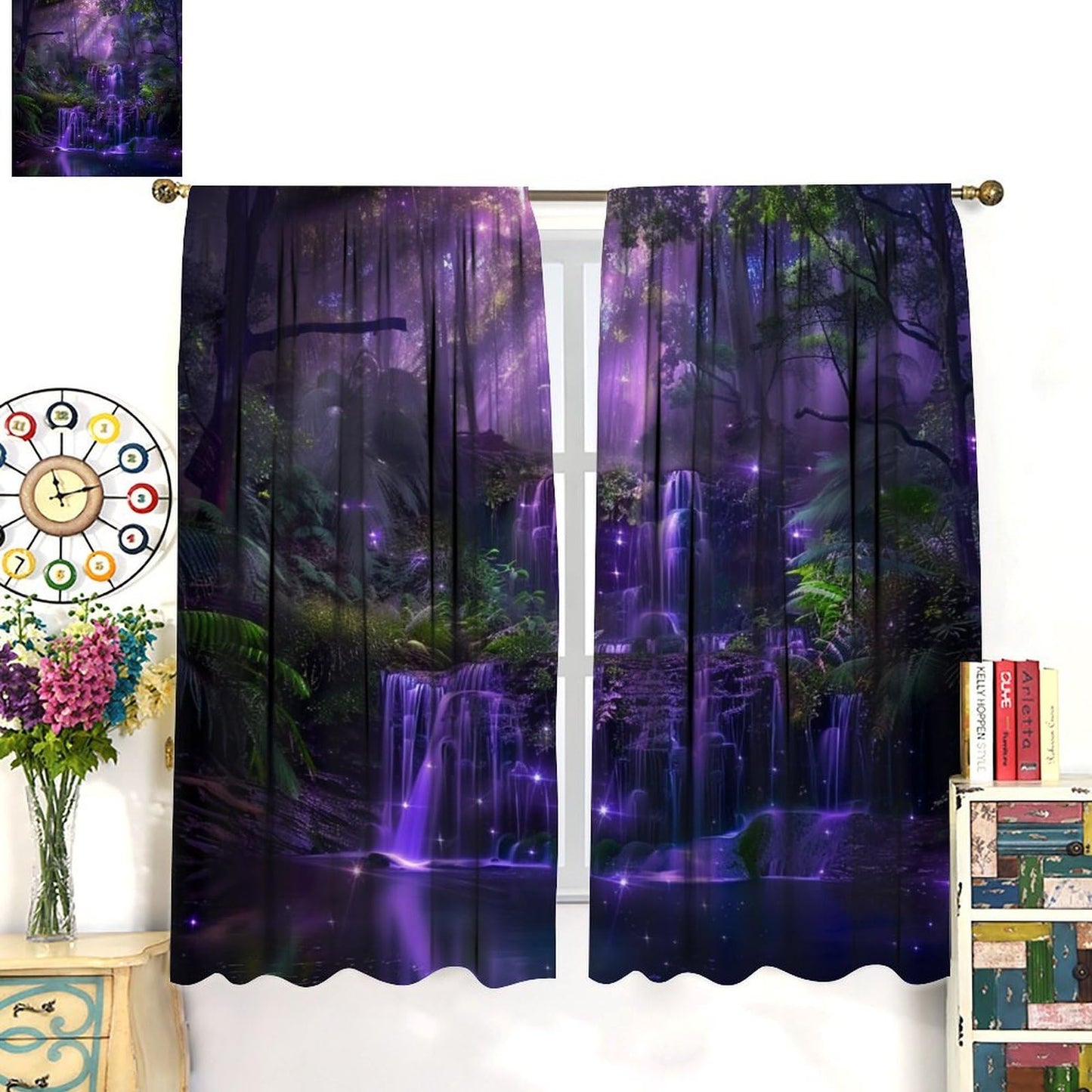 HZOHNAGO Enchanted Forest Curtains Fantasy Nature Purple Fireflies Waterfall Pattern Blackout Print Rod Pocket Window Drapes for Bedroom Living Room 42x45in
