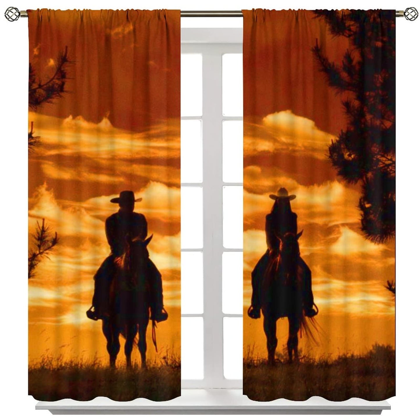 Kazynee Rustic Cowboy Blackout Curtains for Bedroom,Western Forest Sunset Country Cowboy Riding Horse Window Curtains Rod Pocket 2 Panels 45L x 21W