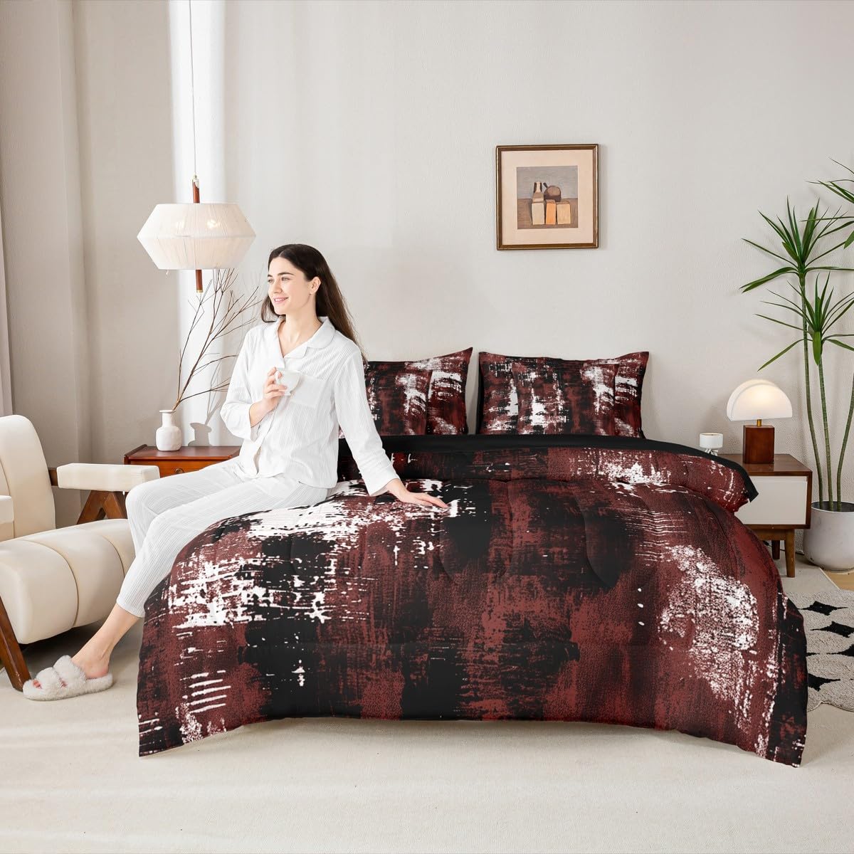 Feelyou Abstract Comforter Set with Sheets 7 Piece Queen Size Modern Abstract Art Bed in a Bag Kids Boys Girls Black Wine Bedding Set Luxury Bedroom Decor Geometric Breathable Soft Microfiber