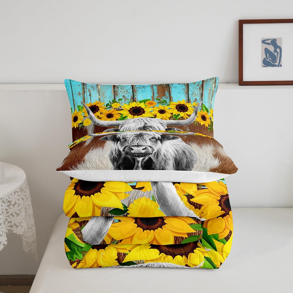 Manfei Cattle Comforter Set Twin Size, Brown White Cow Print Quilt Set with 1 Pillowcase, Yellow Flower Bedding Set 2pcs for Kids Boys Girls Room Decor, Rustic Blue Plank Duvet Insert