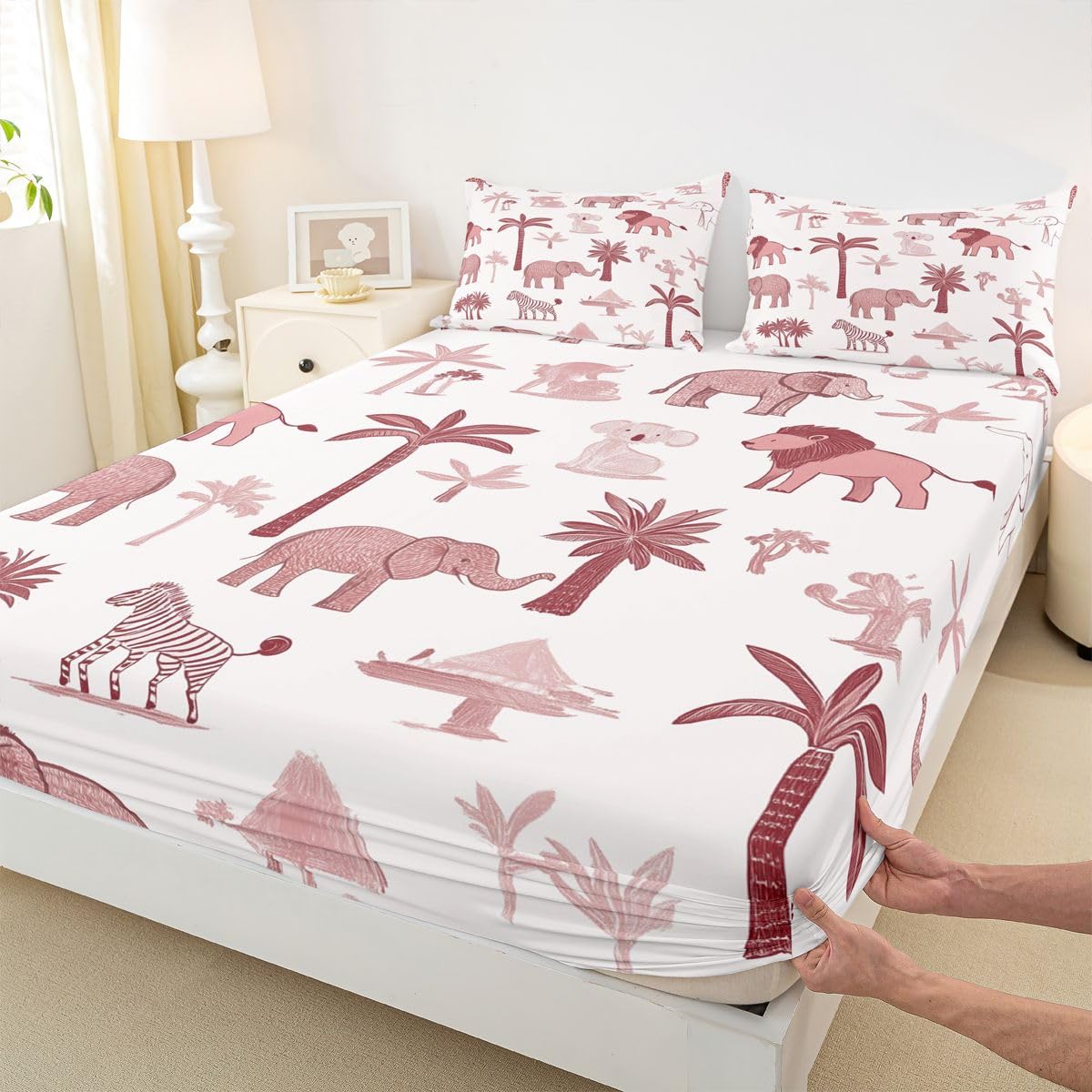 Erosebridal Jungle Animals Sheet Set Full Red Pink Bed Sheets for Kids Boys Girls African Safari Animal Flat Fitted Sheet Elephant Lion Giraffe Animal Sheets 3 Pcs