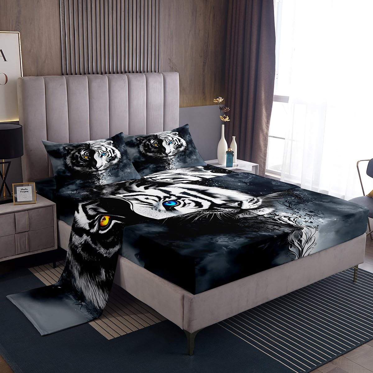 Erosebridal Boys Tiger Bedding Set Twin Size, African Safari Animal Bed Sheets Set Exotic Wildlife Flat Fitted Sheet Black White Soft Microfiber Bed Set for Adult Teens Youth Men Bedroom Decor