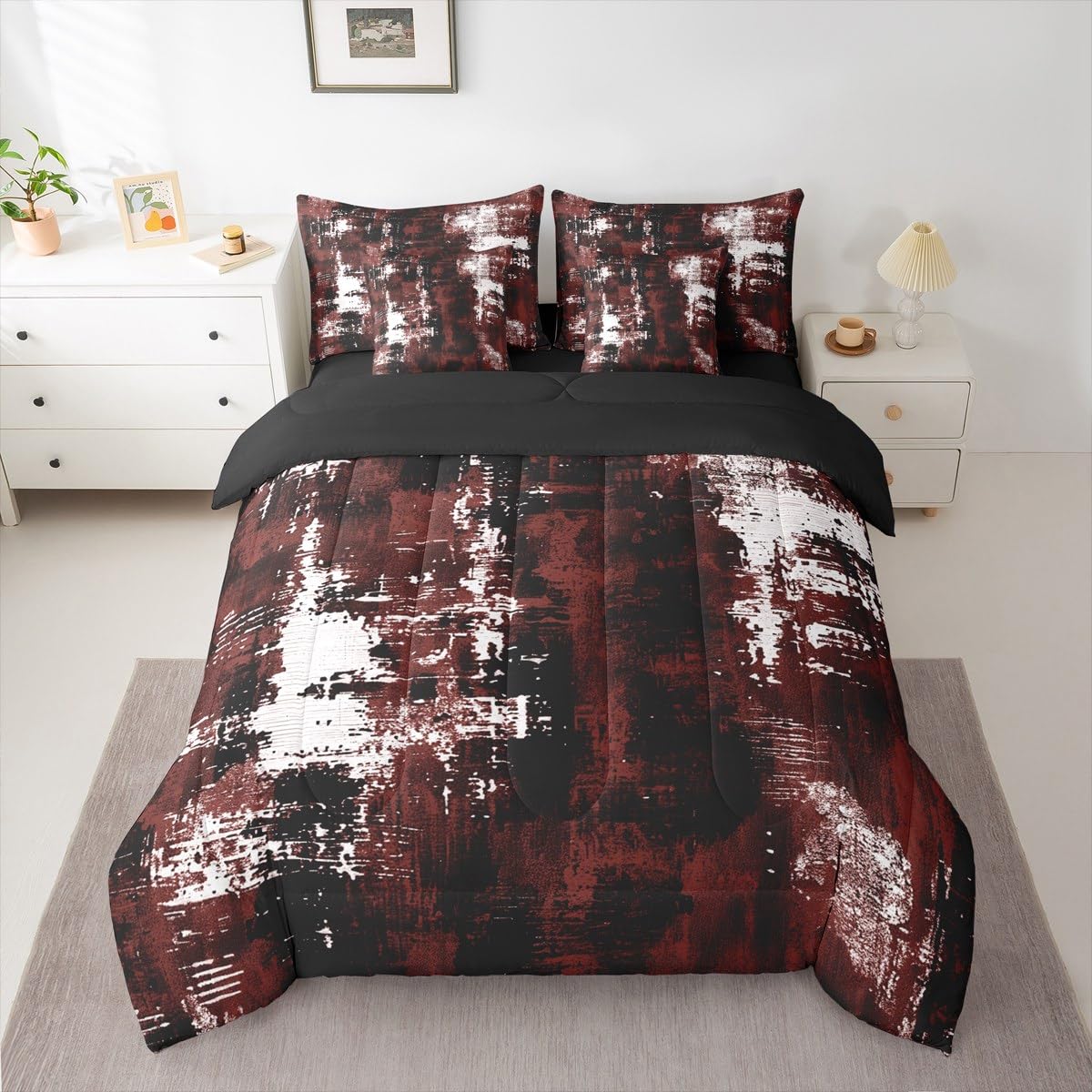Feelyou Abstract Comforter Set with Sheets 7 Piece Queen Size Modern Abstract Art Bed in a Bag Kids Boys Girls Black Wine Bedding Set Luxury Bedroom Decor Geometric Breathable Soft Microfiber