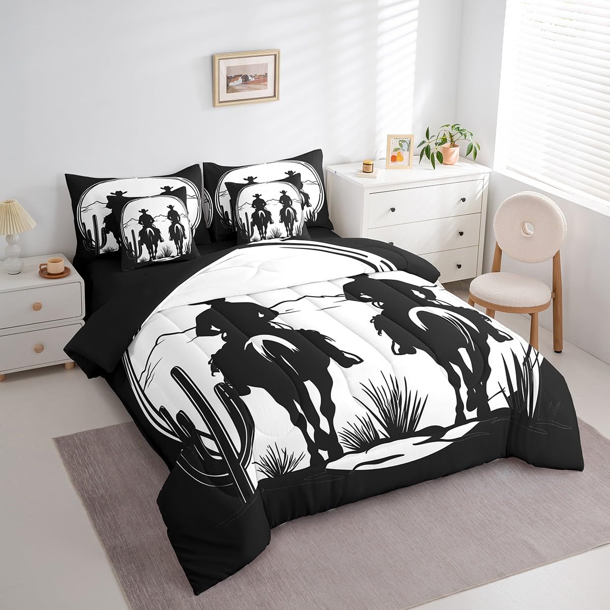 jejeloiu Western Decor Comforter Set with Sheets Twin Size Kids West Cowboy Horse 7 Pieces Bedding Set Boys Girls Teens Black White Bed in a Bag Breathable Rodeo Cowboy Cactus Bed Set Room Decor