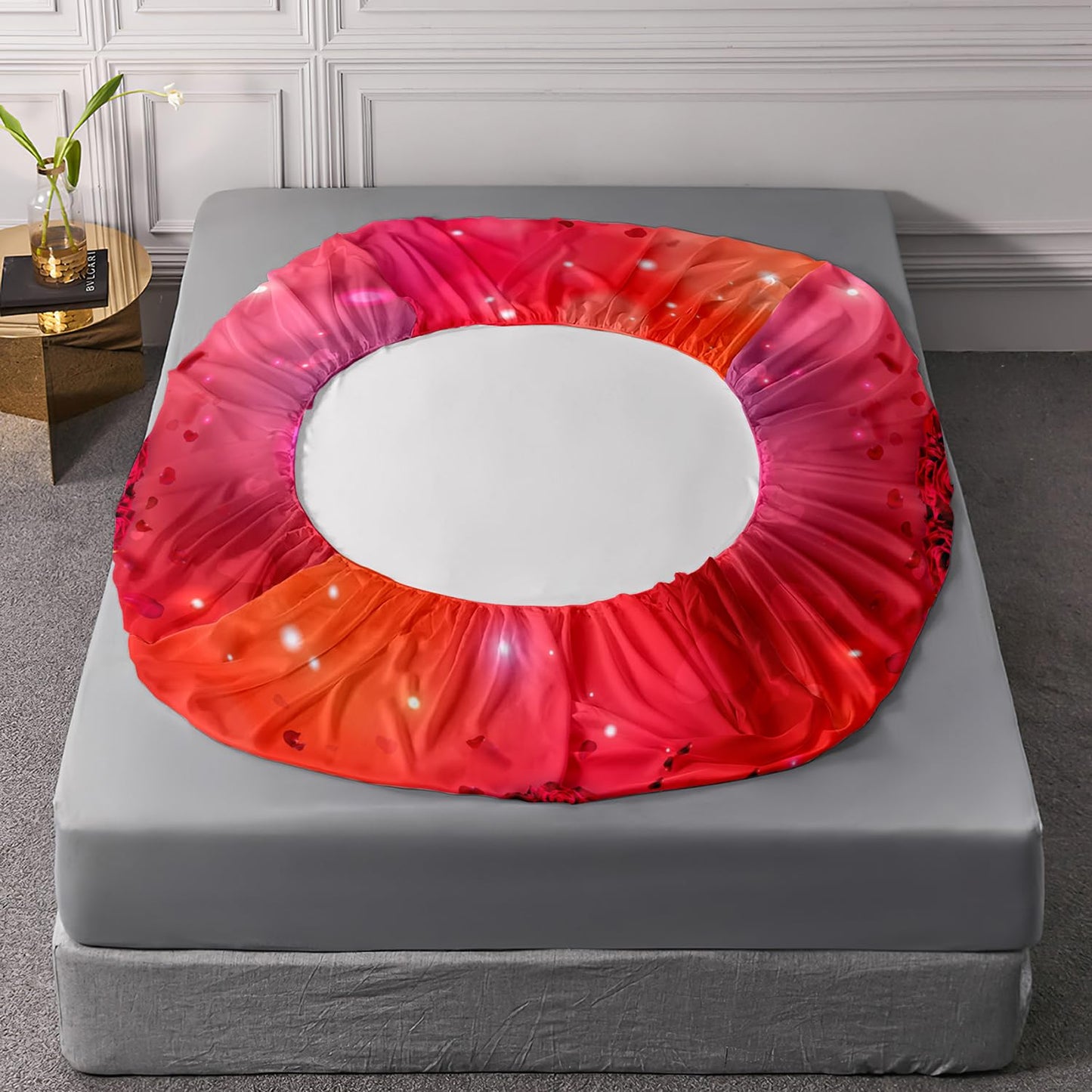 AILONEN Red Rose Fitted Sheet Set Queen Size, 3D Red Flowers Bed Sheet Set,Rose Hearts Sheet Sets,Valentine Glitter Fantasy Hearts Sheet 3 Pieces, 1 Fitted Sheet and 2 Pillowcases