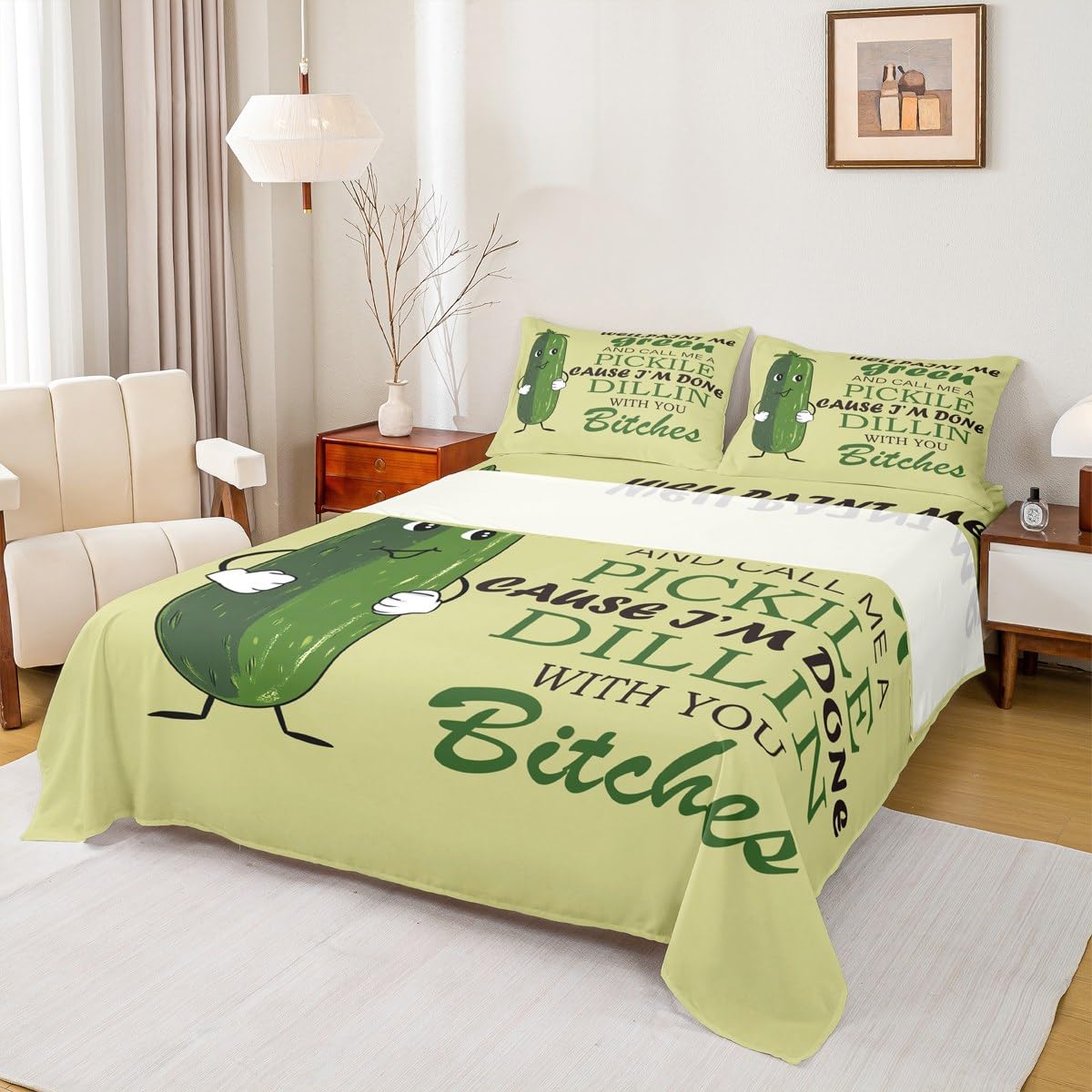 Feelyou Kids Pickles Sheet Set Twin Size Cute Pickles Bed Sheets Set for Boys Teens Decor Funny Cucumber Print Sheets with Deep Pocket Fitted Sheet Green Vegetable Bedroom 3Pcs