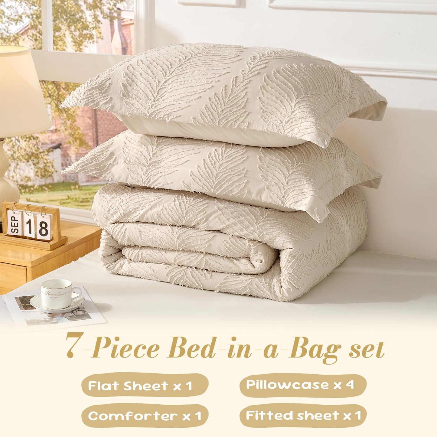 Jameswish 7 Pieces Tufted Boho Comforter Set Leaves Floral Khaki Farmhouse Shabby Chic Embroidered Bedding for All Seasons Queen Size with Comforter Sheets Pillowcases Shams