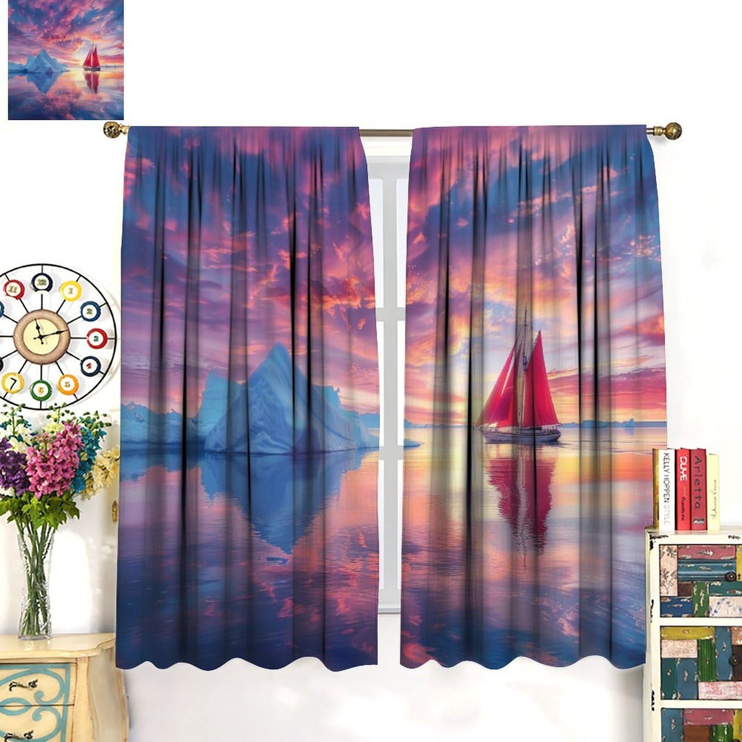 TOWINSFB Beautiful Ocean Scenery Blackout Curtains for Living Room Bedroom, Fantasy Nature Nautical Sailboat Window Curtains Rod Pocket Thermal Insulated Window Drapes, 2 Panels, Each 21W x 45L
