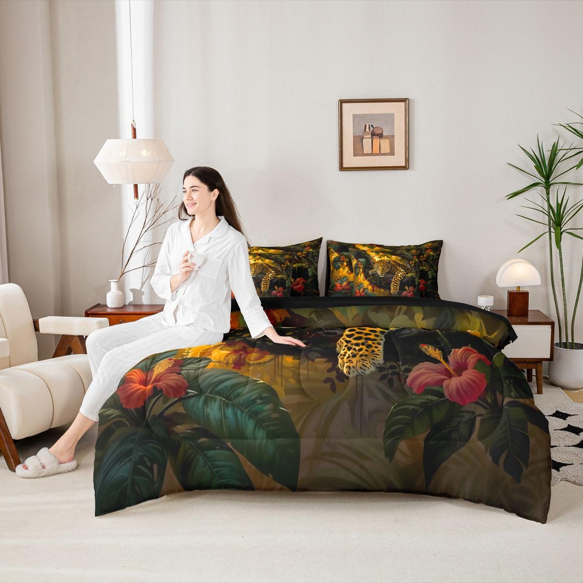 Feelyou Leopard Comforter Set with Sheets 7 Piece Queen Size Cheetah Print Bedding Set for Kids Boys Girls Wild Animal Bed in a Bag Safari Room Decor Soft Microfiber